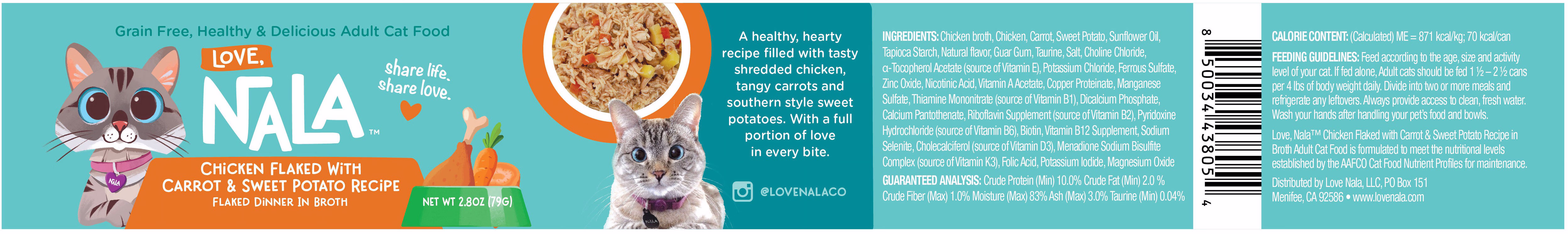 (4 pack) Love, Nala Chicken Flaked with Sweet Potato & Carrot Recipe in Broth Adult Wet Cat Food