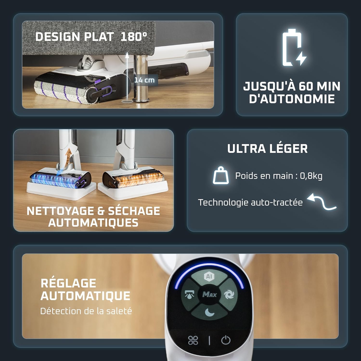 Aspirateur laveur X Clean 10 inclinable 180° auto nettoyage séchage 65°C 60 min tâches tenaces poils animaux blanc