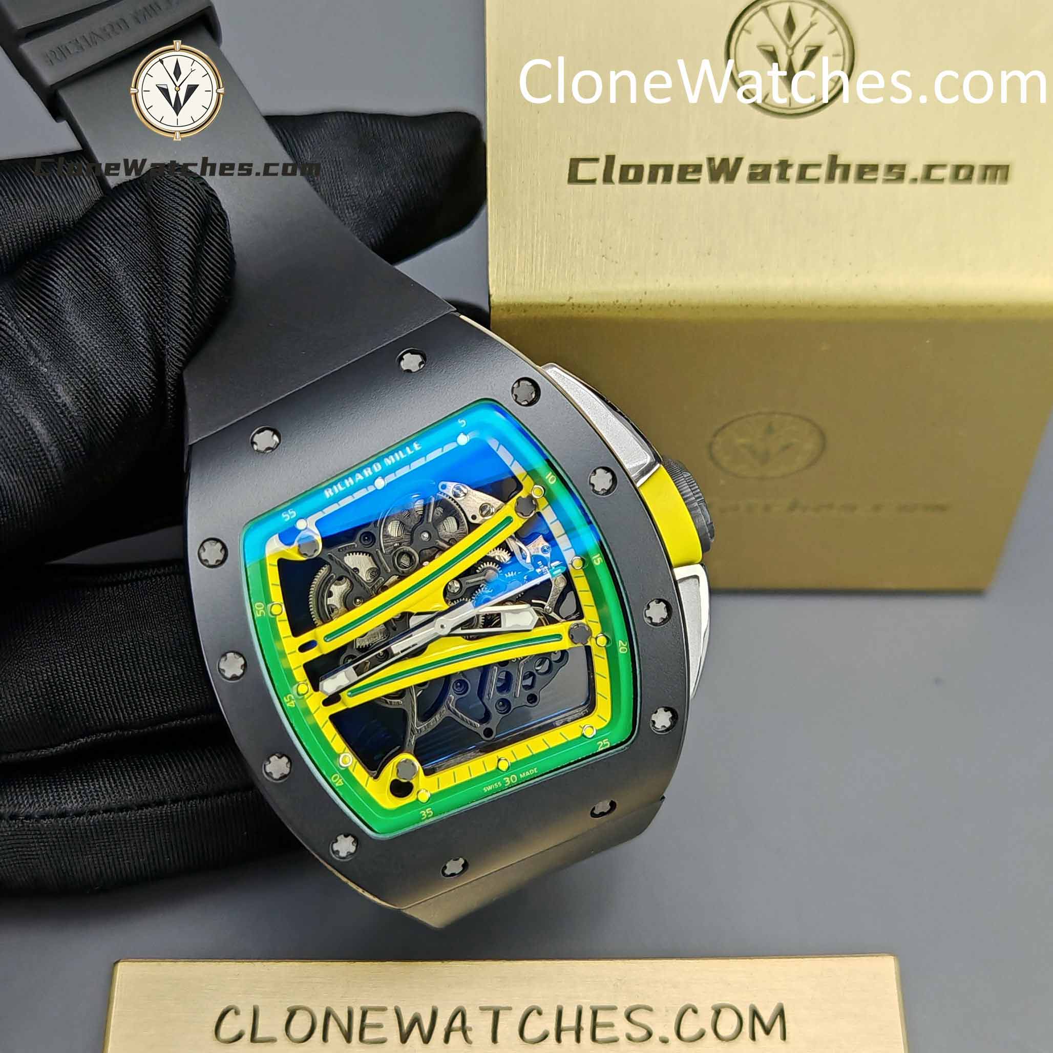 Richard Mille Super Clone Watches 1:1 RM 61-01 Black Tourbillon Black Strap
