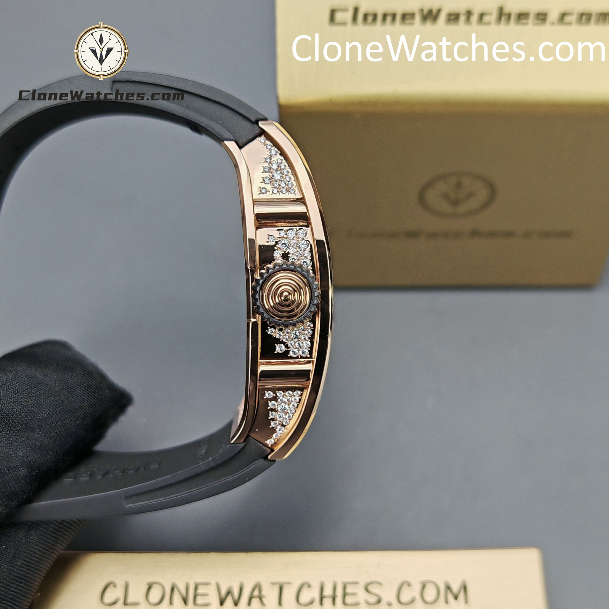 Richard Mille Super clone watches 1:1 RM 07-01Rose Gold Diamond dial Black strap