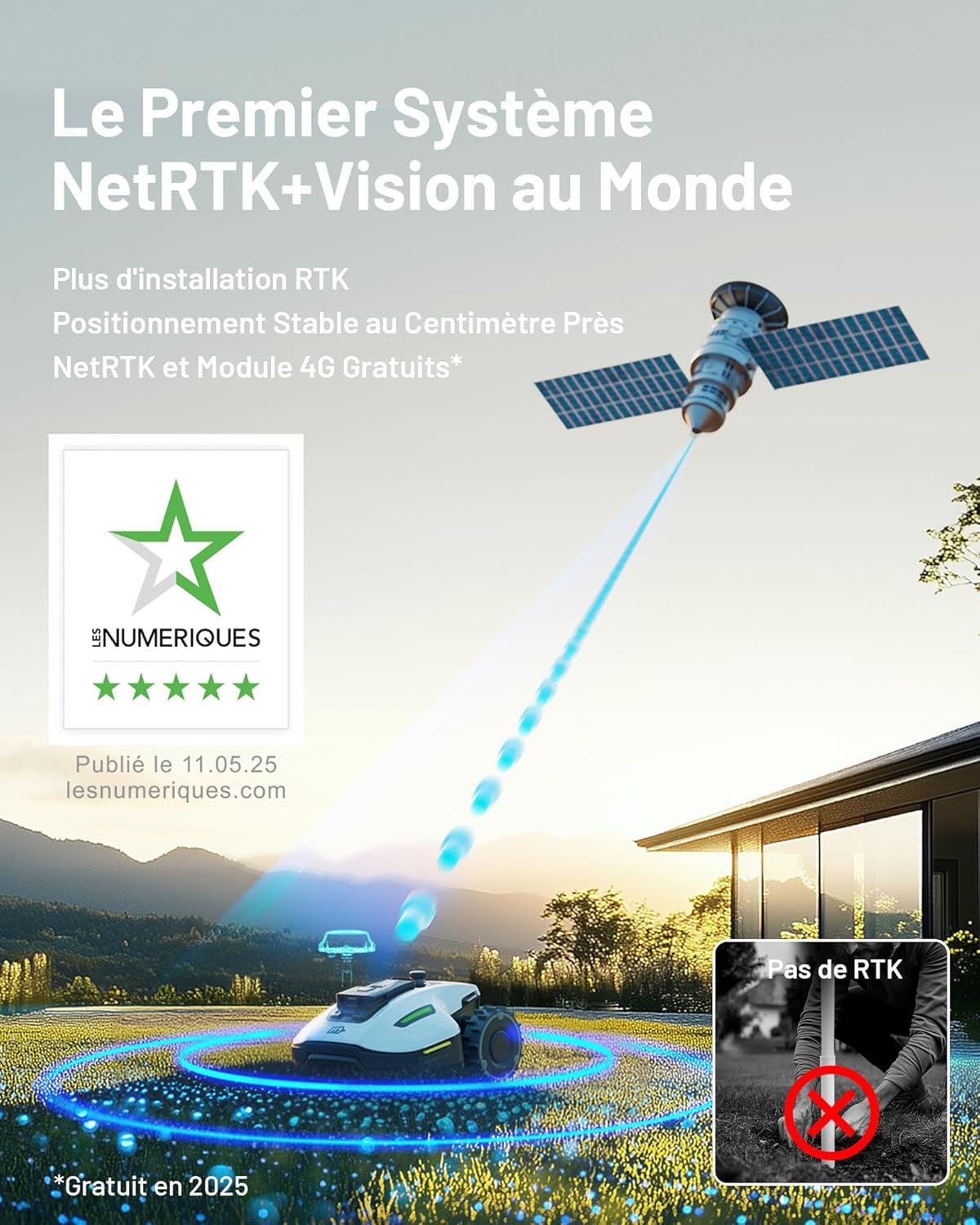 Robot tondeuse YUKA Mini 500 sans fil NetRTK Vision pente 50% cartographie auto module 4G