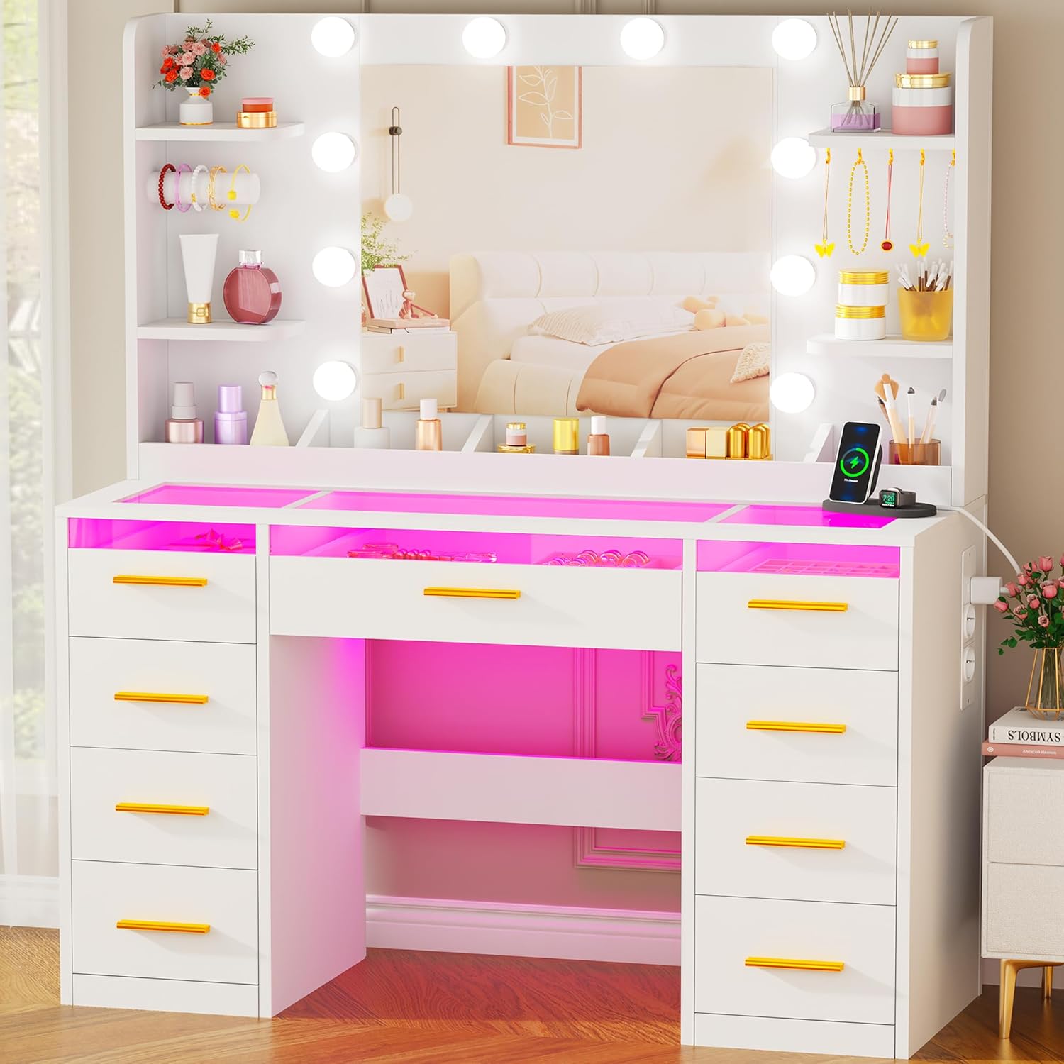 Coiffeuse miroir LED 3 couleurs plateau verre 9 tiroirs prises intégrées