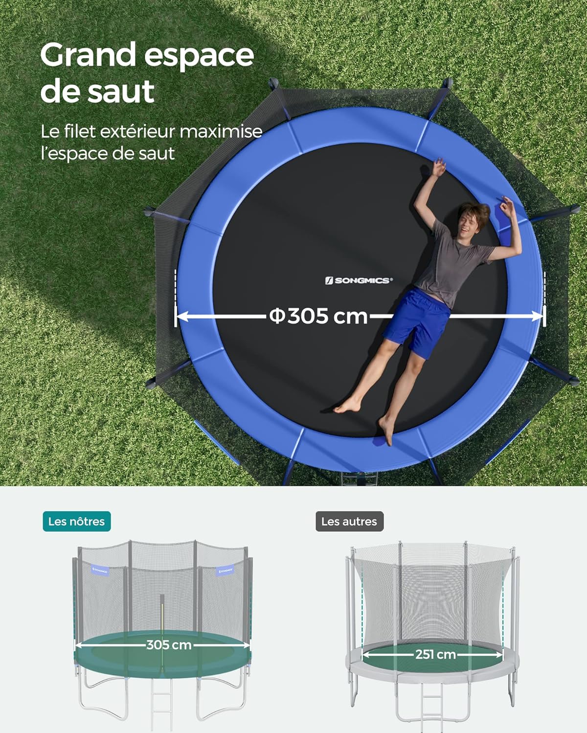 Trampoline extérieur enfant diamètre 183 244 305 366 427 cm filet échelle