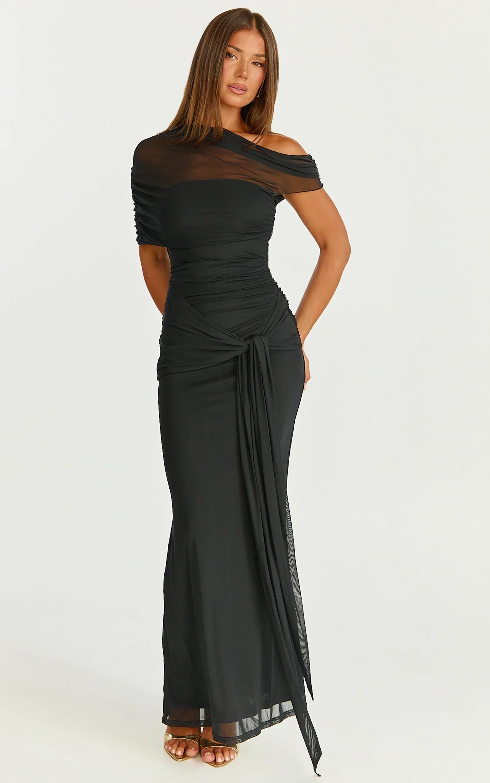Nicolette Maxi Dress - Cape Sleeve Off Shoulder Dress in Black