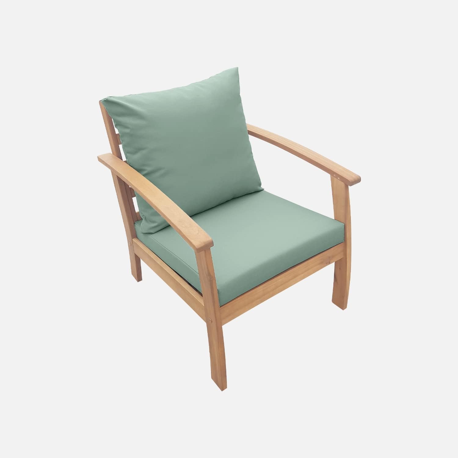 Salon jardin bois 4 places canapé fauteuils table basse acacia coussins vert de gris