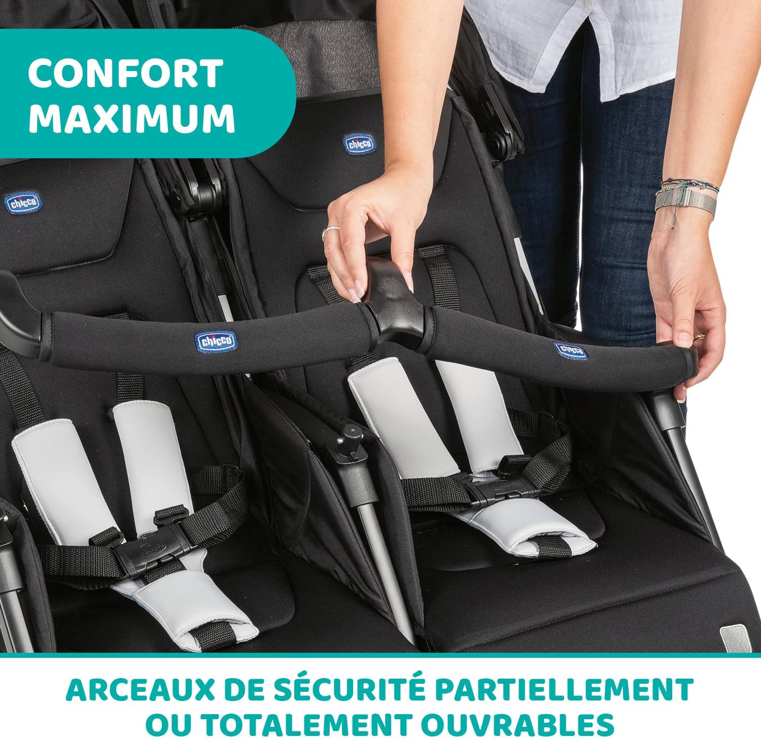 Poussette double tandem Ohlalà inclinable pliable jumeaux jusqu’à 15kg capote extensible noir