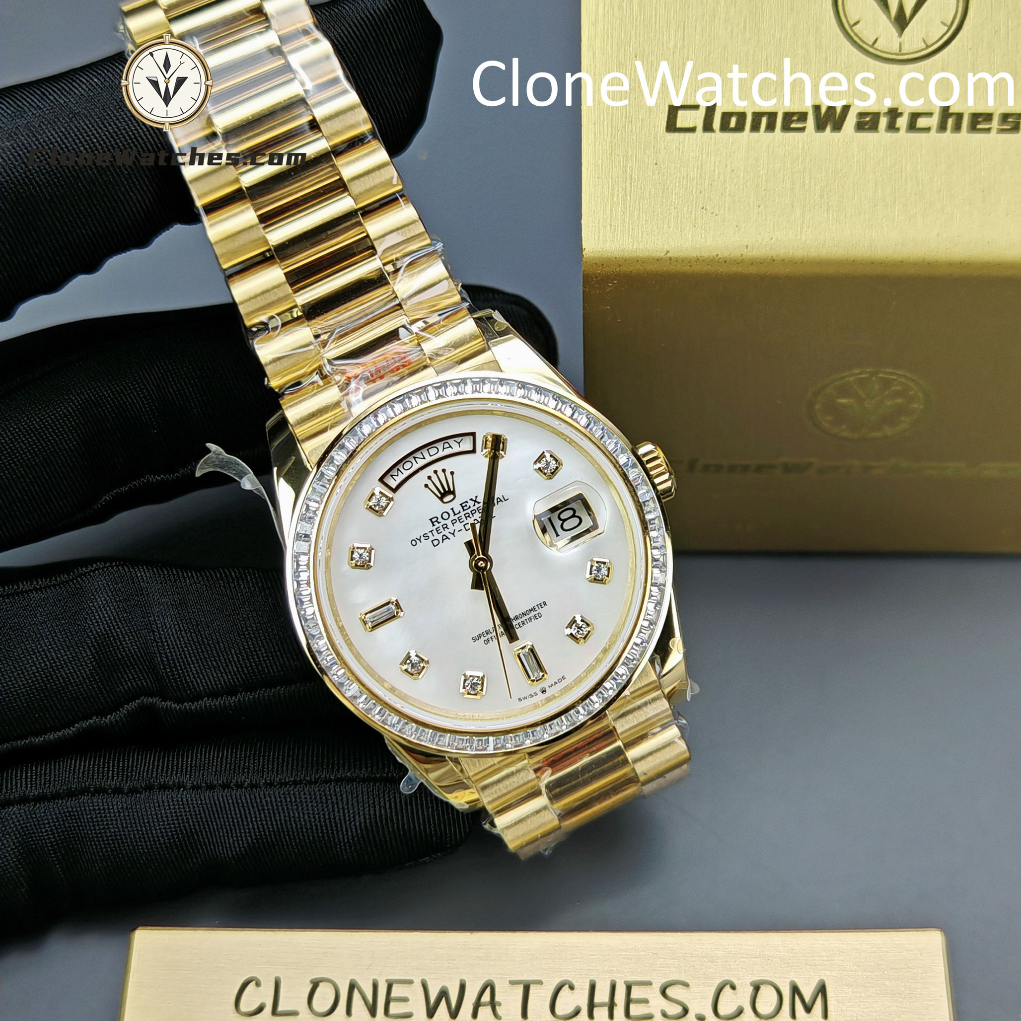 Rolex Super Clone Watches 1:1 Day Date Mother of Pearl Diamond Dial m128398tbr-0004 3255 Movement 36 mm