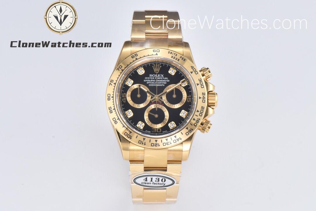 Rolex Super Clone Watches 1:1 Daytona 18K Gold Black Diamond Dial M116508-0016 4130 Movement