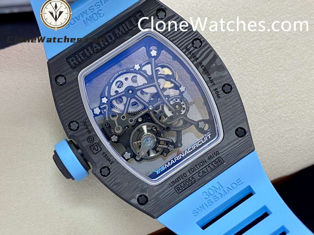 Richard Mille Super Clone Watches 1:1 RM 055 Carbon Tourbillon Blue Strap