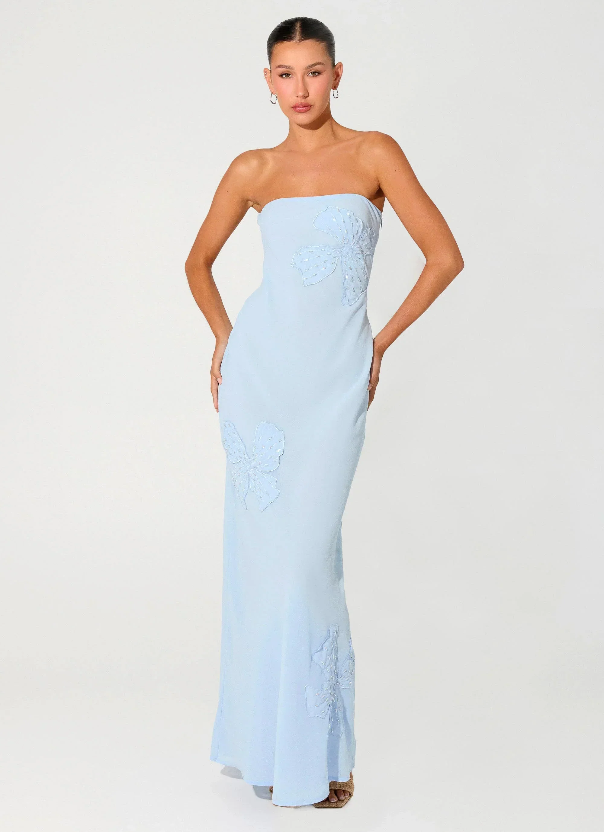 Sassafras Beaded Flower Strapless Maxi Dress - Blue