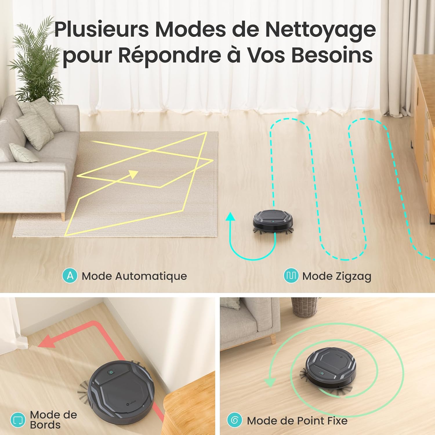 Robot aspirateur M210P 2200Pa mince silencieux 6 modes auto charge WiFi Bluetooth 120 min idéal poils animaux sols tapis