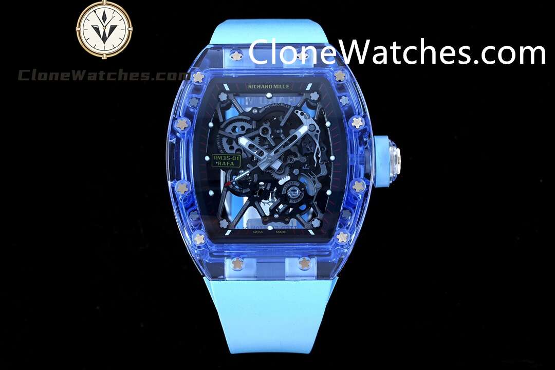 Richard Mille Super Clone Watches 1:1 RM 035 Blue Crystal Tourbillon Blue Strap