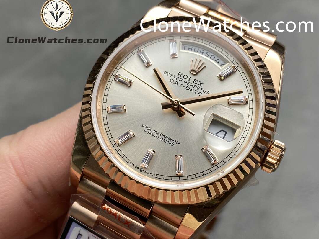 Rolex Super Clone Watches 1:1 Day Date Rose Gold Silver Dial 36mm m128235-0087 3255 Movement