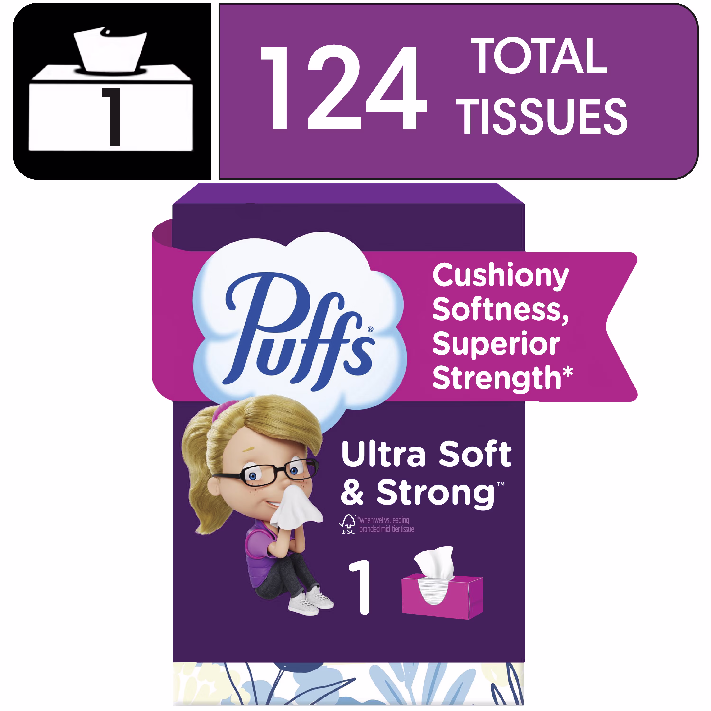Puffs Ultra Soft Facial Tissues, 1 Family Size Box, 124 Facial Tissues Per Box