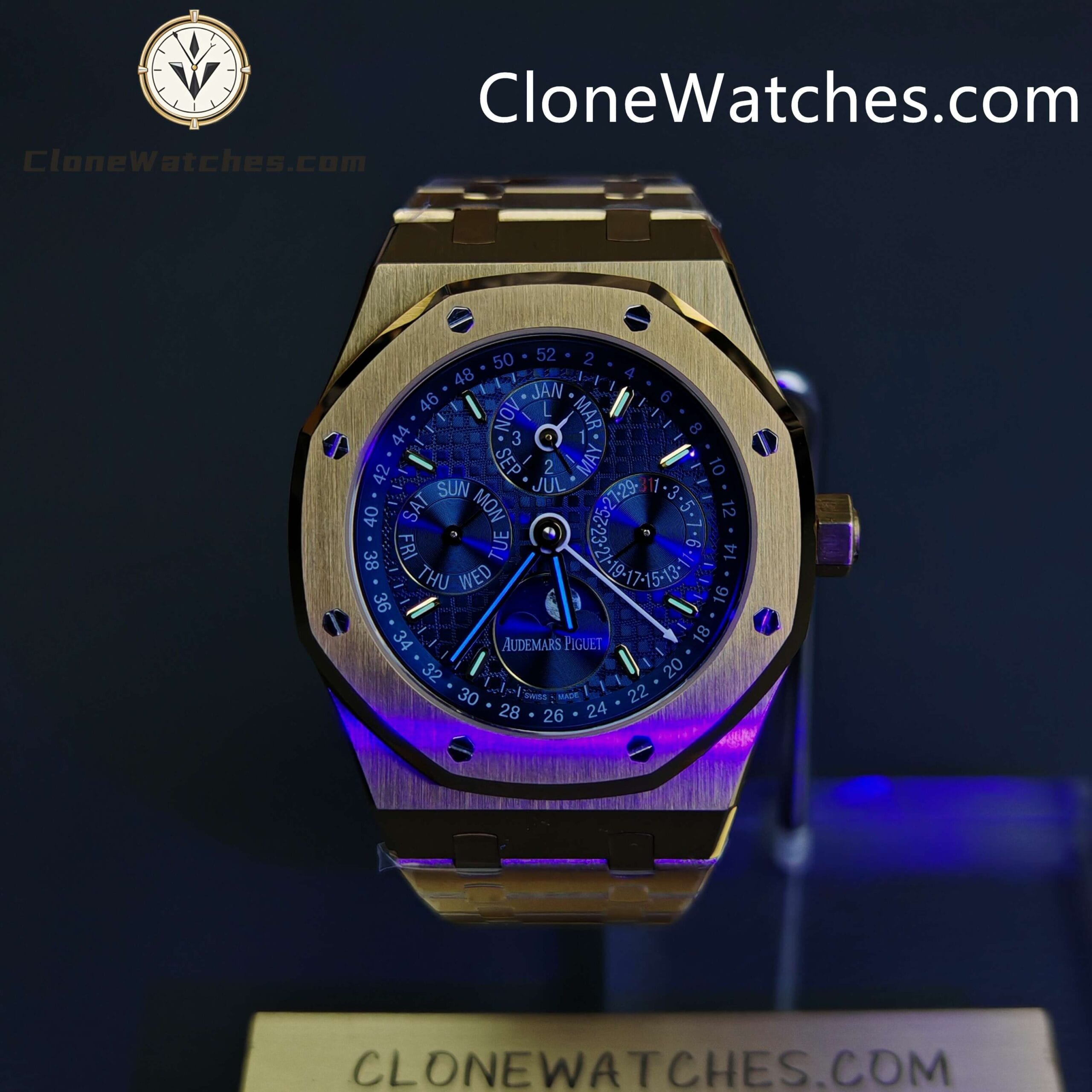 Audemars Piguet Super Clone Watches 1:1 Royal Oak Perpetual Calendar 18K Gold Plated Blue Dial 26574BA 41MM