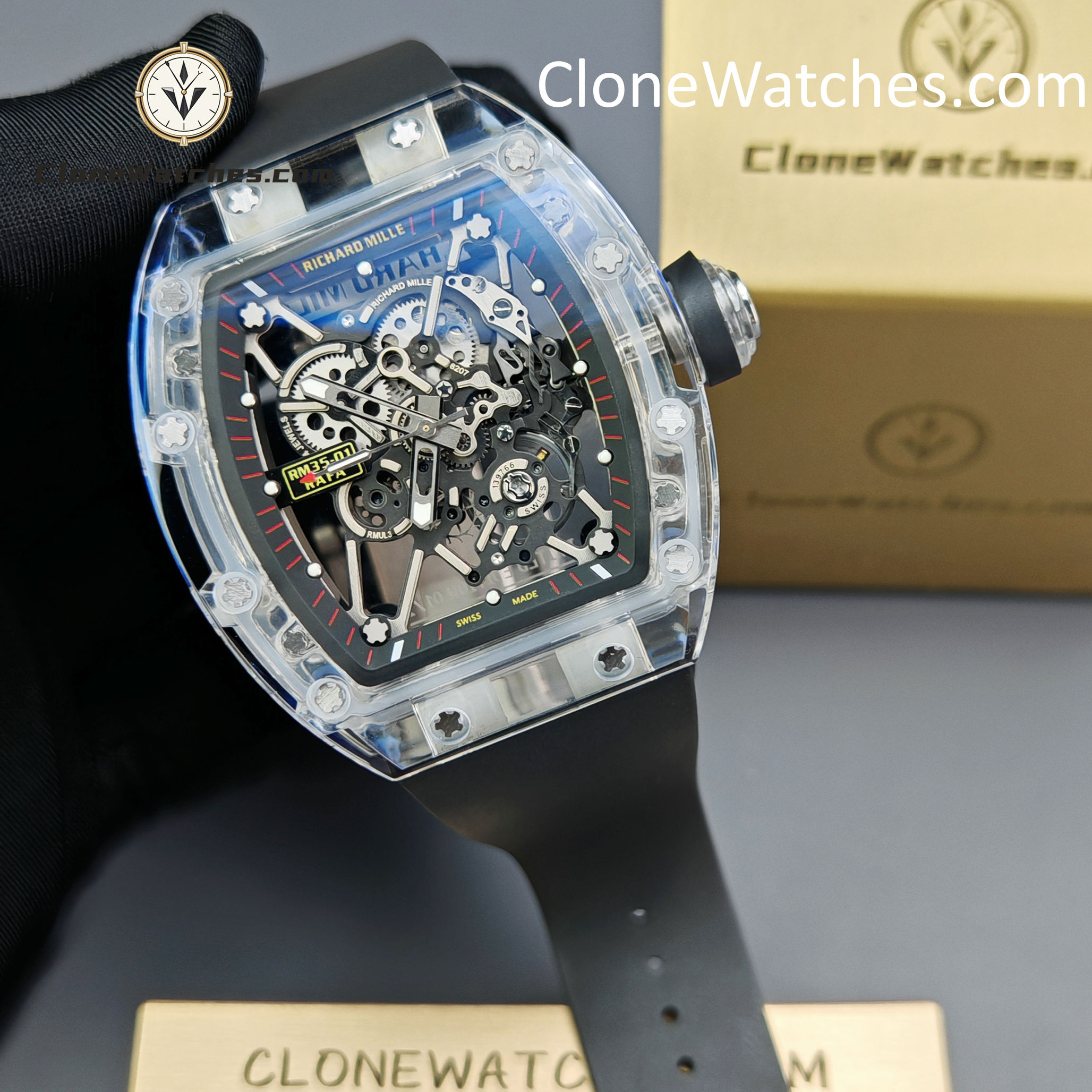 Richard Mille Super Clone Watches 1:1 RM 035 Full Transparent Tourbillon Black Strap