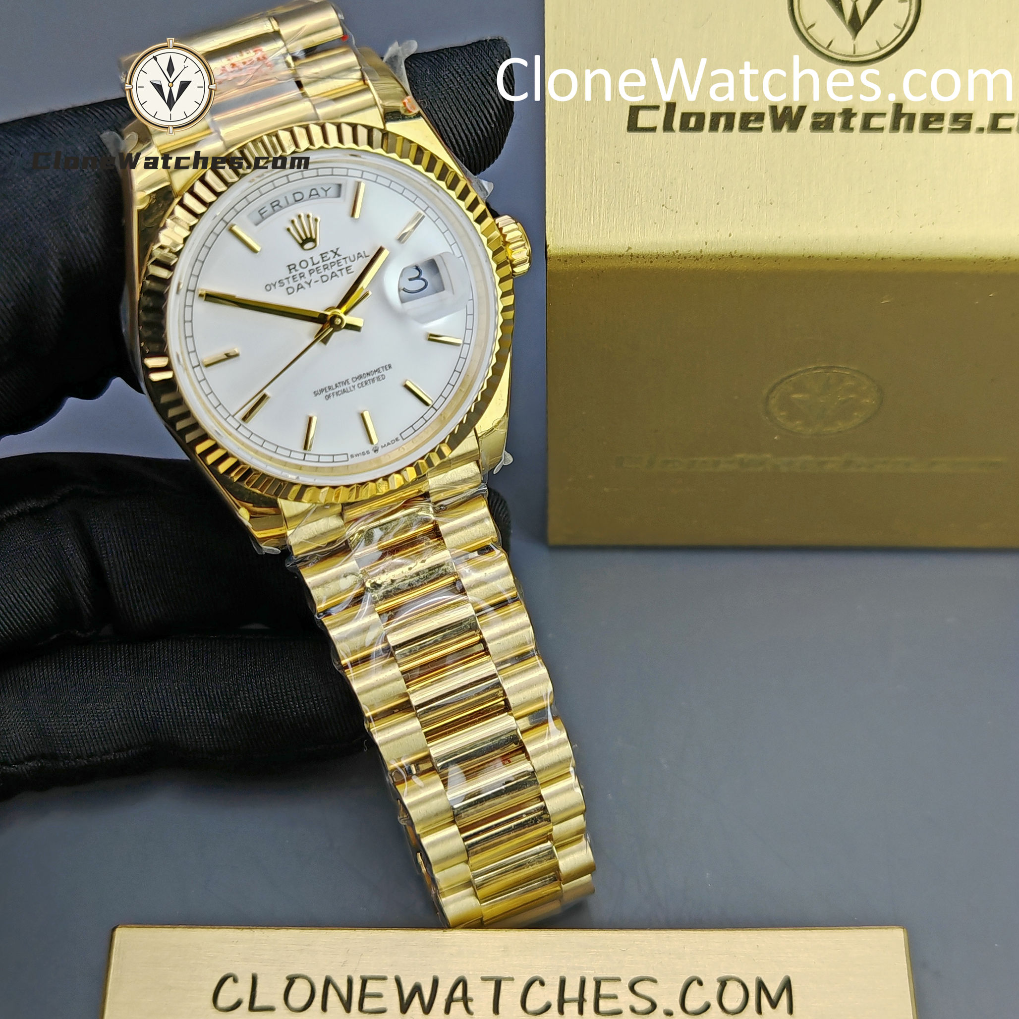 Rolex Super Clone Watches 1:1 Day Date 18K Gold White Dial 36mm m128238-0081 3255 Movement