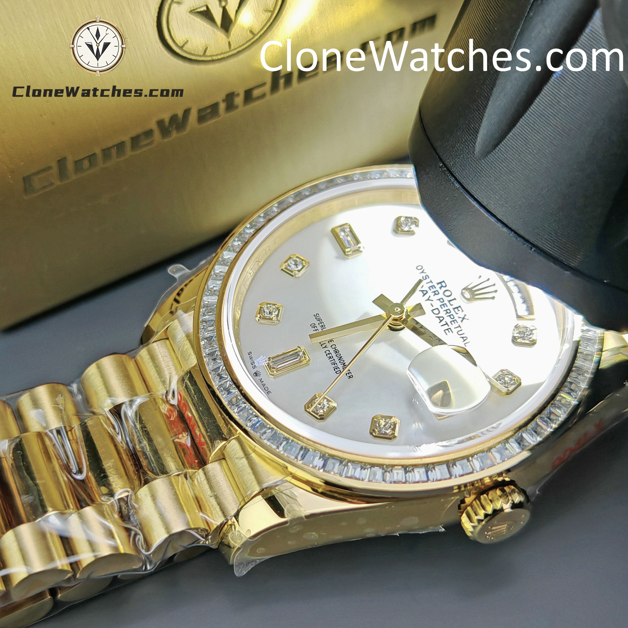 Rolex Super Clone Watches 1:1 Day Date Mother of Pearl Diamond Dial m128398tbr-0004 3255 Movement 36 mm