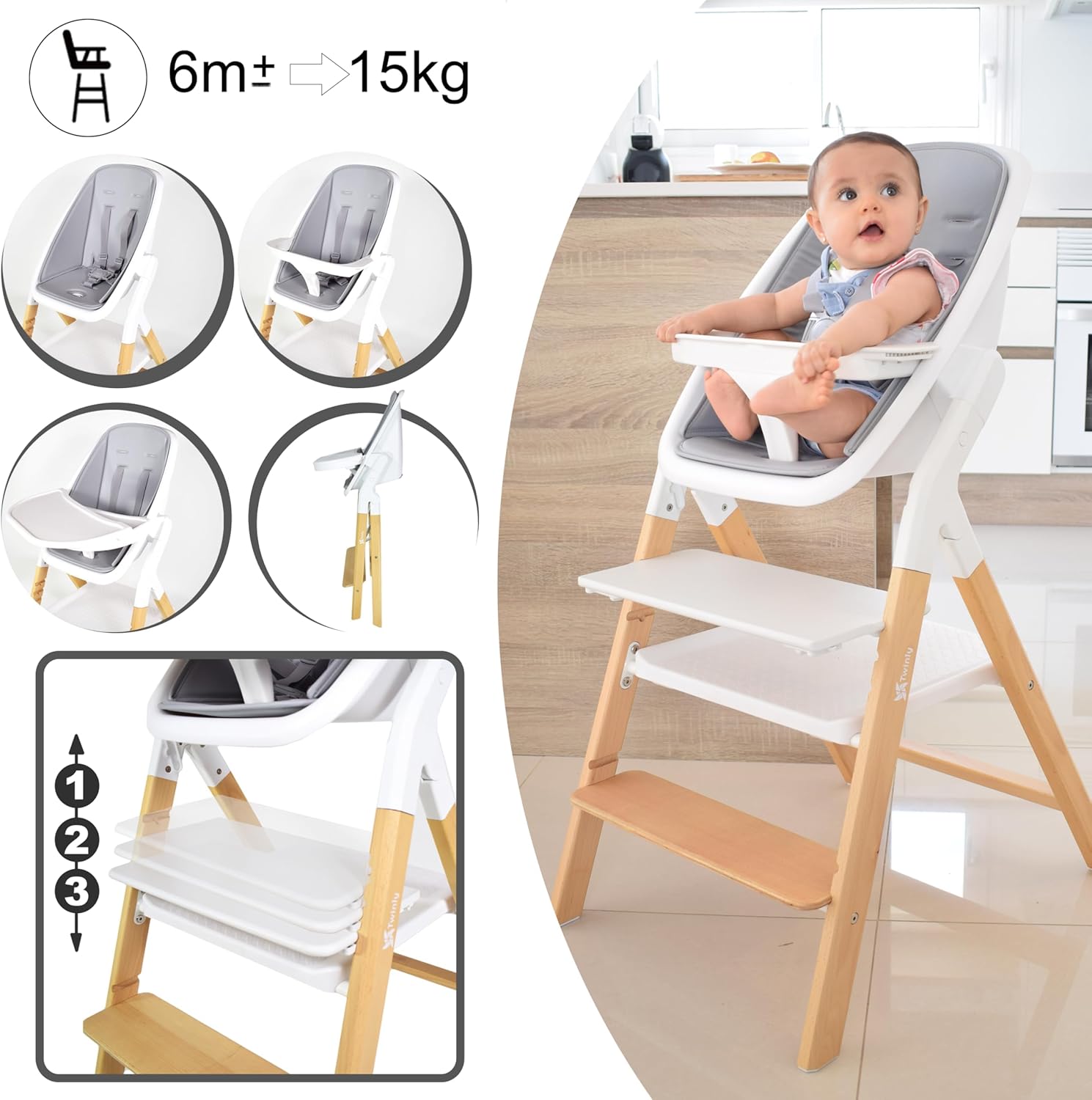 Chaise haute évolutive bébé 5 en 1 bois de hêtre plateau amovible