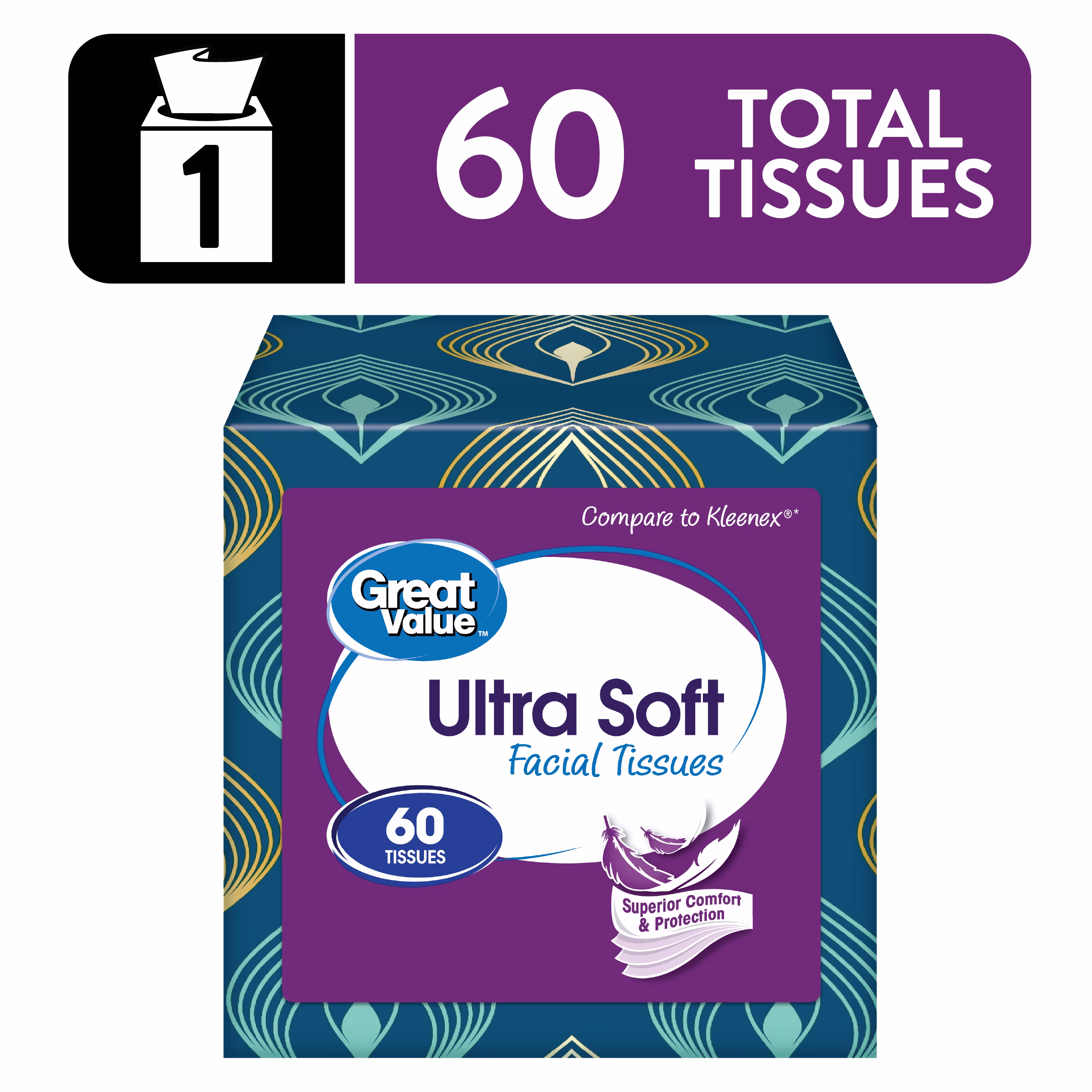 Great Value Ultra Soft Facial Tissues, 1 Cube, 60 Tissues, 3-Ply, Compare to Kleenex®