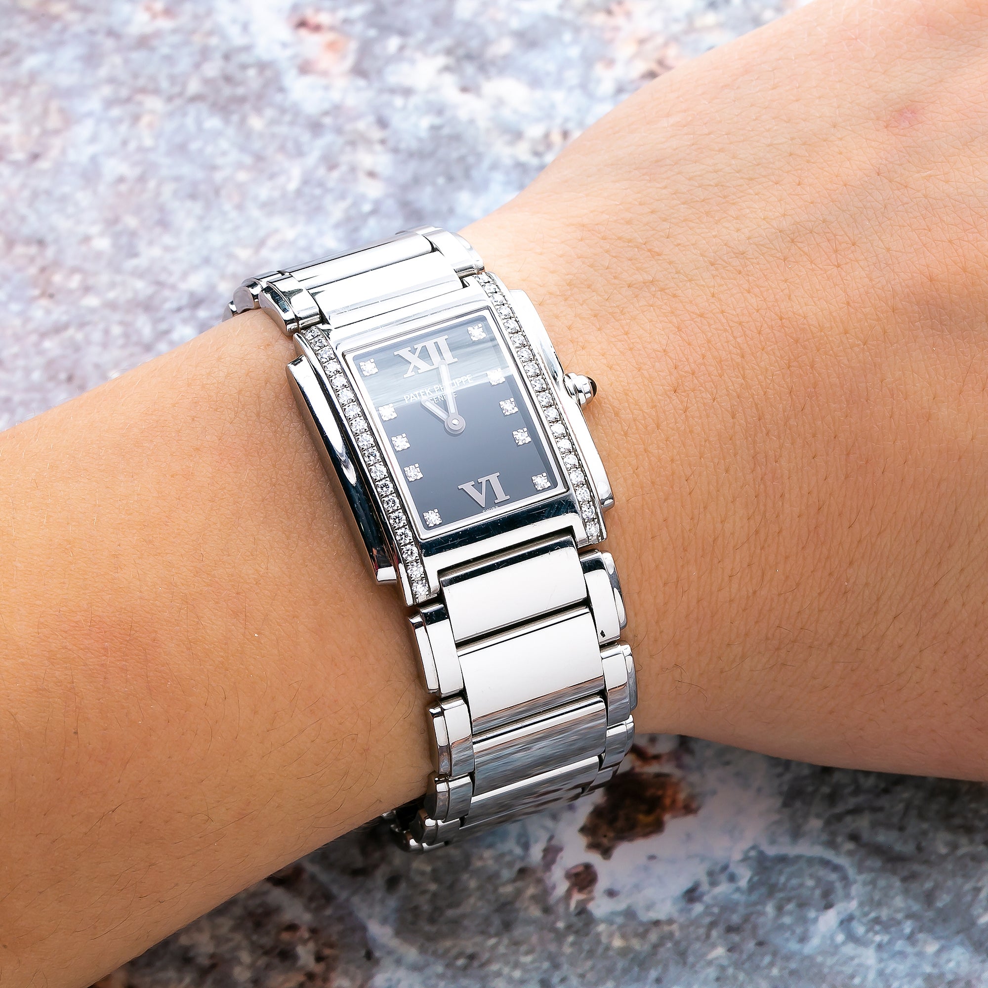 Patek Philippe Twenty~4 6917 25MM Black Diamond Dial With Stainless Steel Bracelet
