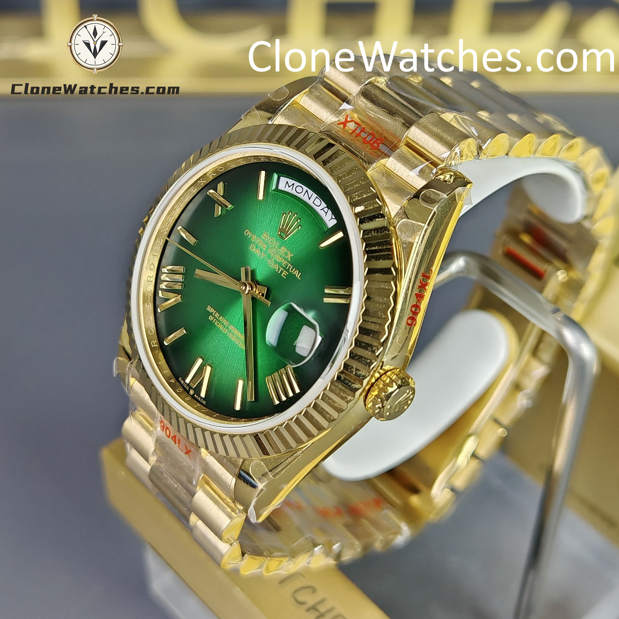 Rolex Super Clone Watches 1:1 Day Date 18K Gold Green Dial 40mm m228238-0069 3255 Movement