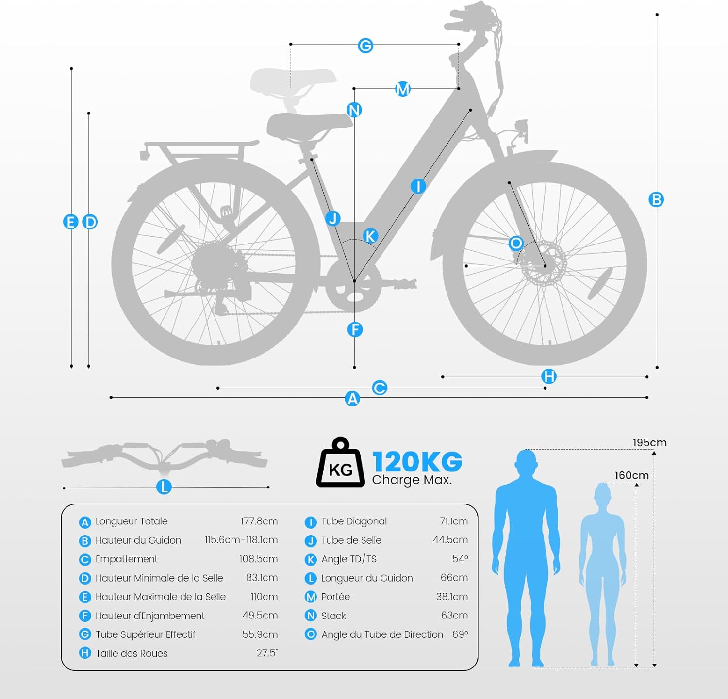 Vélo électrique 27,5 pouces moteur 250 W batterie 36 V 15,6 Ah autonomie 100 km 7 vitesses