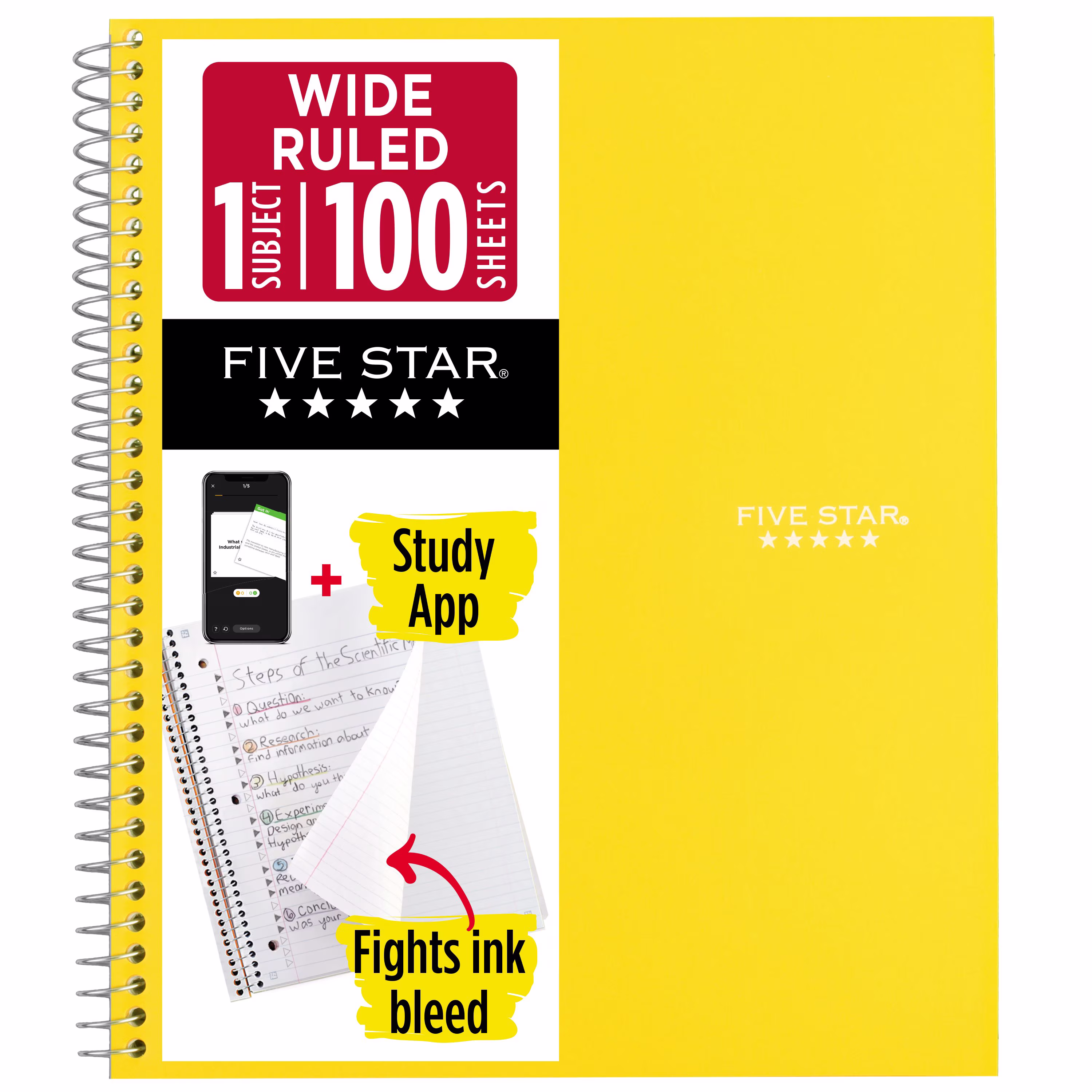 Five Star Spiral Notebook + Study App, 1 Subject, Wide Ruled, 8