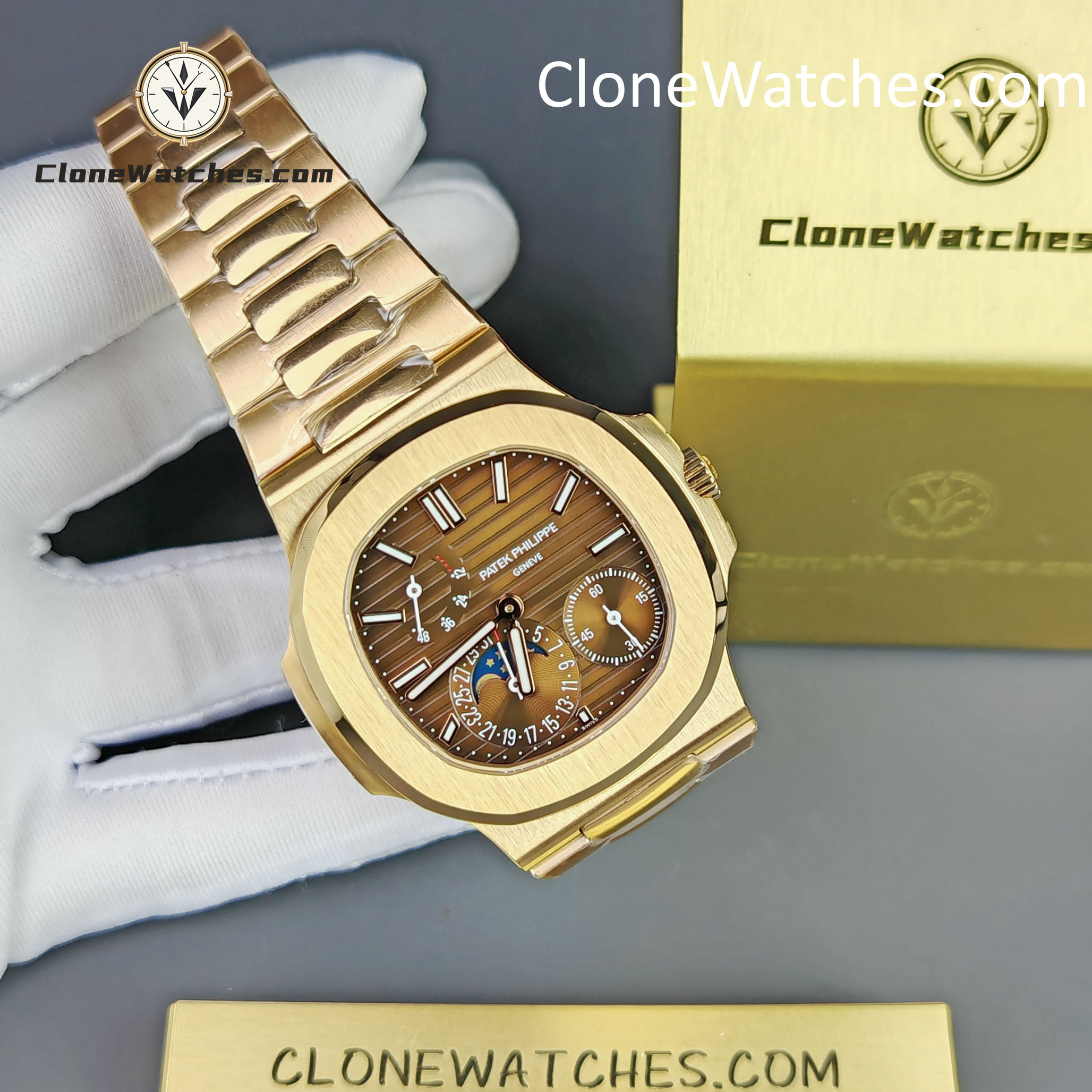 Patek Philippe Super Clone Watches 1:1 Nautilus Moon Phase 18K Rose Gold 5712 Brown Dial New Buckle