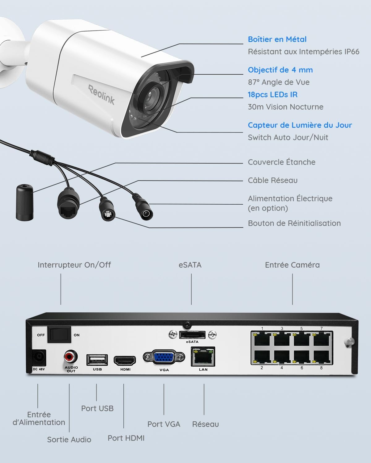 Caméra surveillance extérieure 4K kit NVR 8CH 2To PoE 8MP vision nocturne 30m audio RLK8-800B4