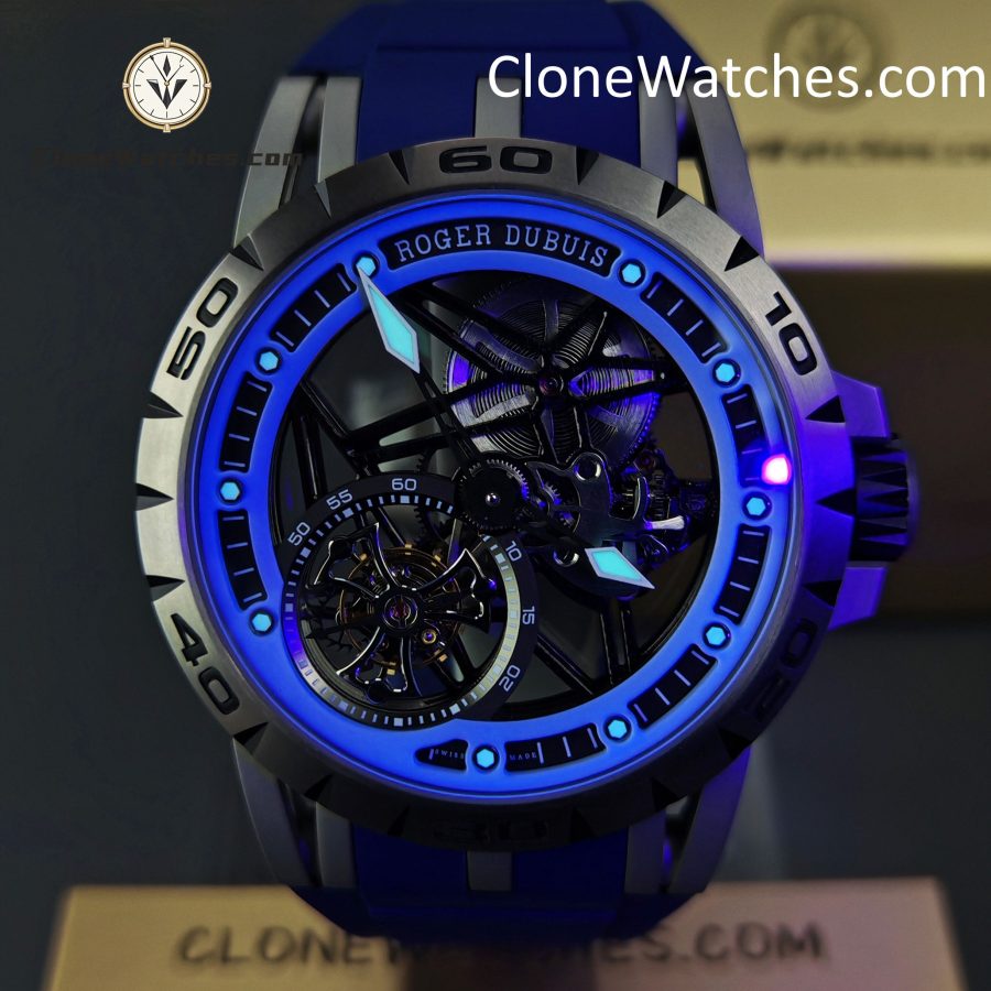 Roger Dubuis Super Clone Watches 1:1 Excalibur Skeleton Tourbillon RDDBEX0479 45MM Blue Strap
