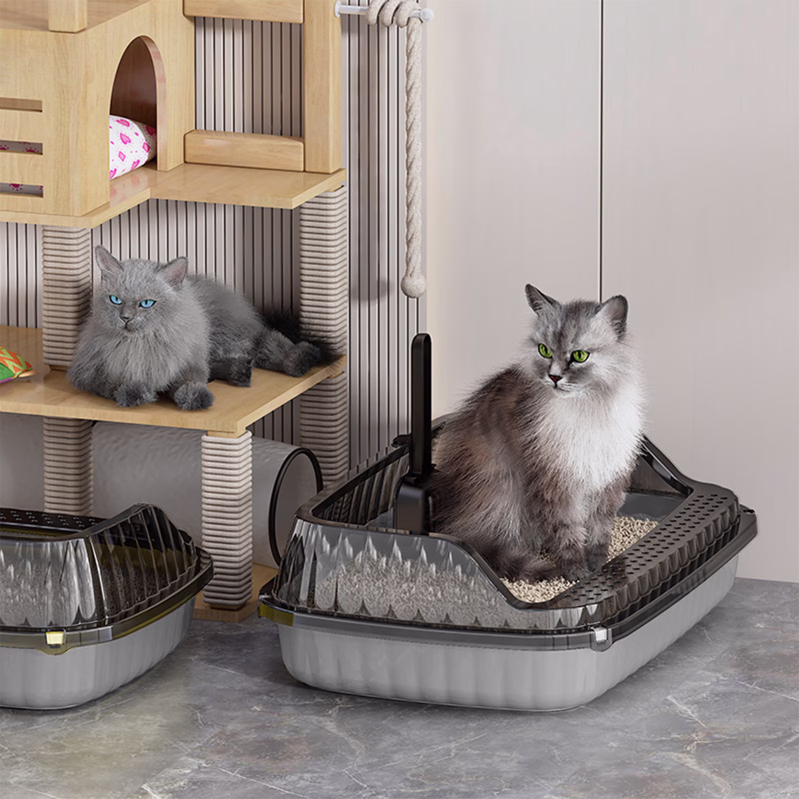 Caja de Arena para Gatos Semi-cerrada de Barra Alta, Diseño a Prueba de Salpicaduras con Pedal para Fugas y Pala Incluida, Plástico PP para Gatos Domésticos Tamaño Grande 36.5x27cm, Base Anti-Sniña y Bordes Redondeados