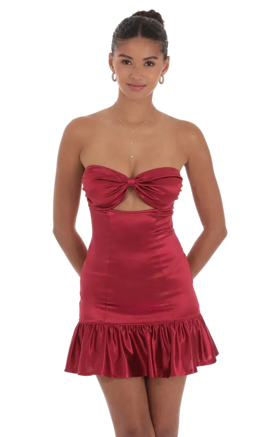Cutout Satin Starpless Dress in Maroon