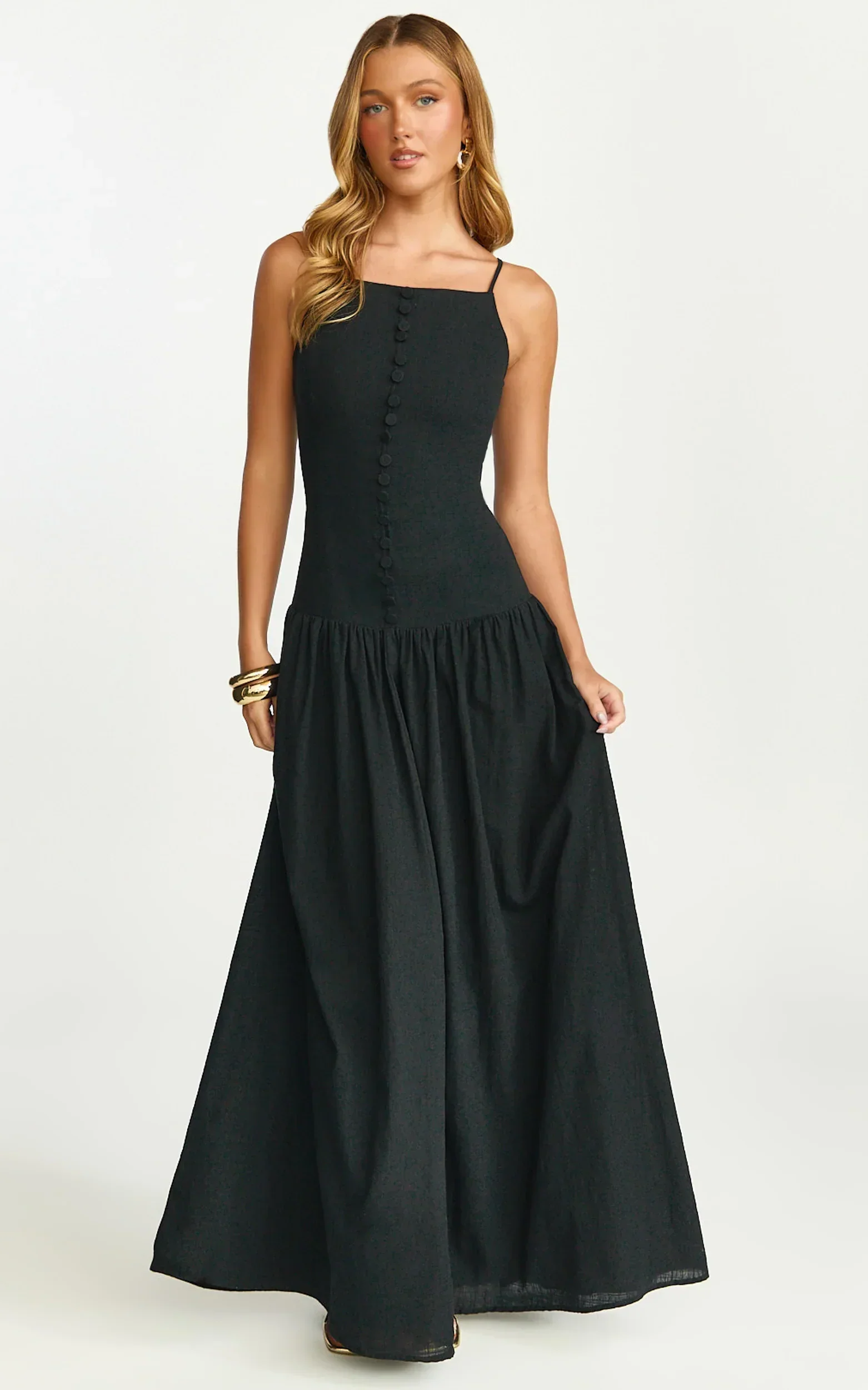 Cortez Maxi Dress - Square Neck Button Down Dropped Waist Dress in Black
