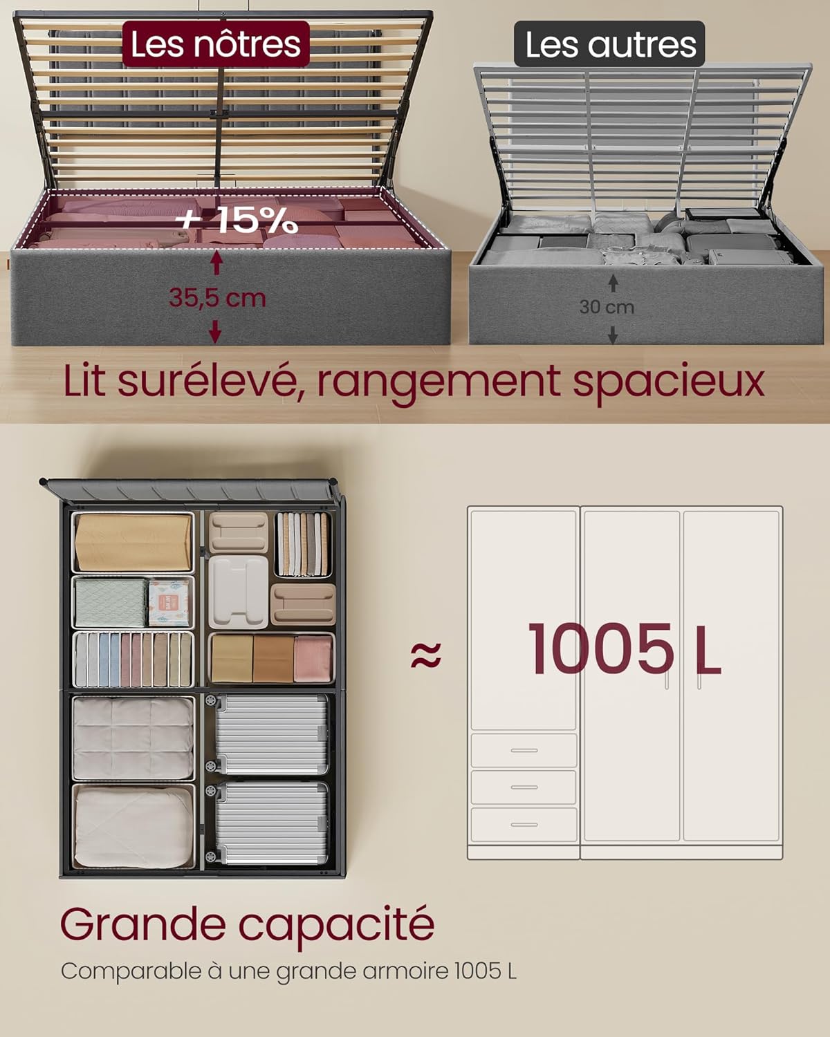 Lit coffre 160x200 cm sommier relevable rangement hydraulique gris foncé