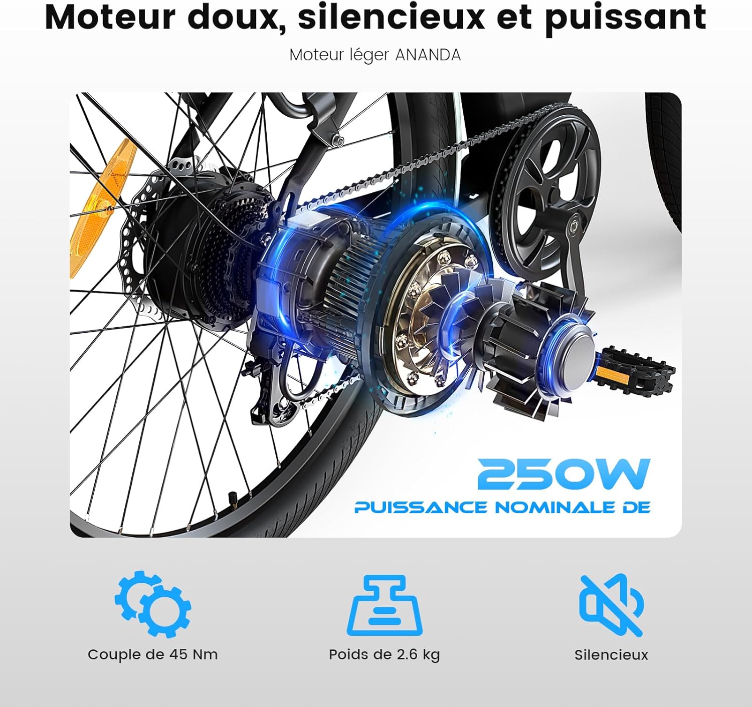 Vélo électrique 27,5 pouces moteur 250 W batterie 36 V 15,6 Ah autonomie 100 km 7 vitesses