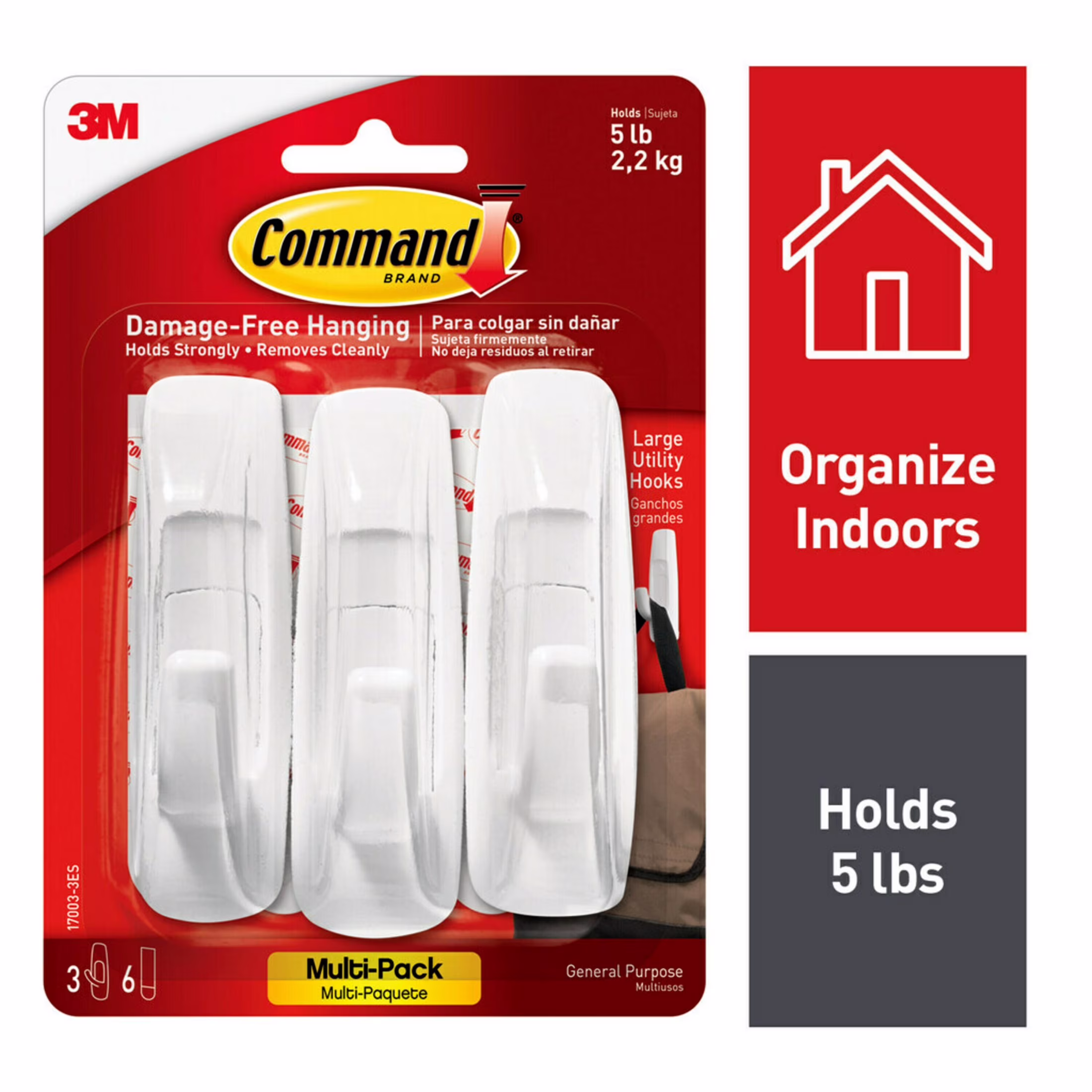 Command Large Utility Hooks, Holds 5 lb, White, 6 Hooks, 12 Pairs Adhesive Strips