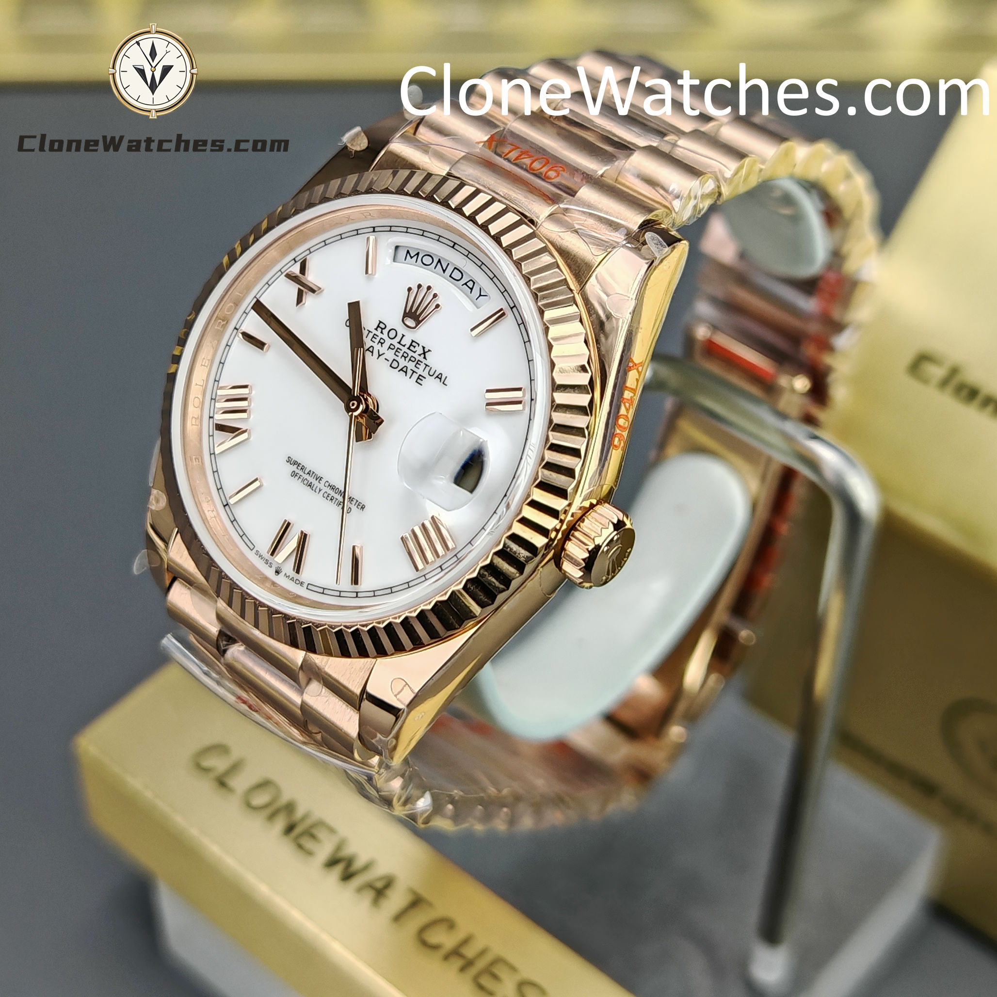 Rolex Super Clone Watches 1:1 Day Date Rose Gold White Dial 36mm m128235-0070 3255 Movement
