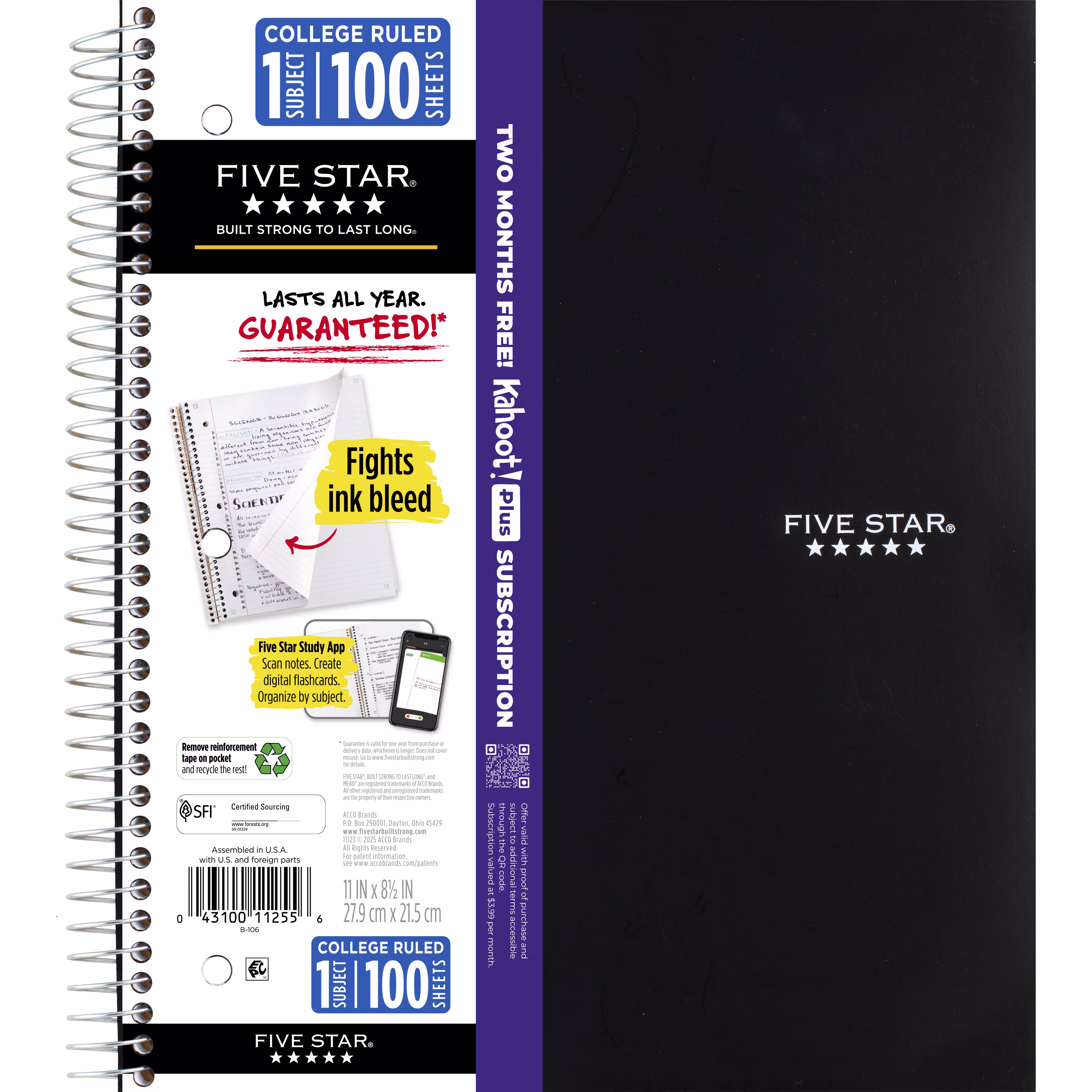 Five Star 1 Subject College Ruled Notebook Plus Study App, 8.5