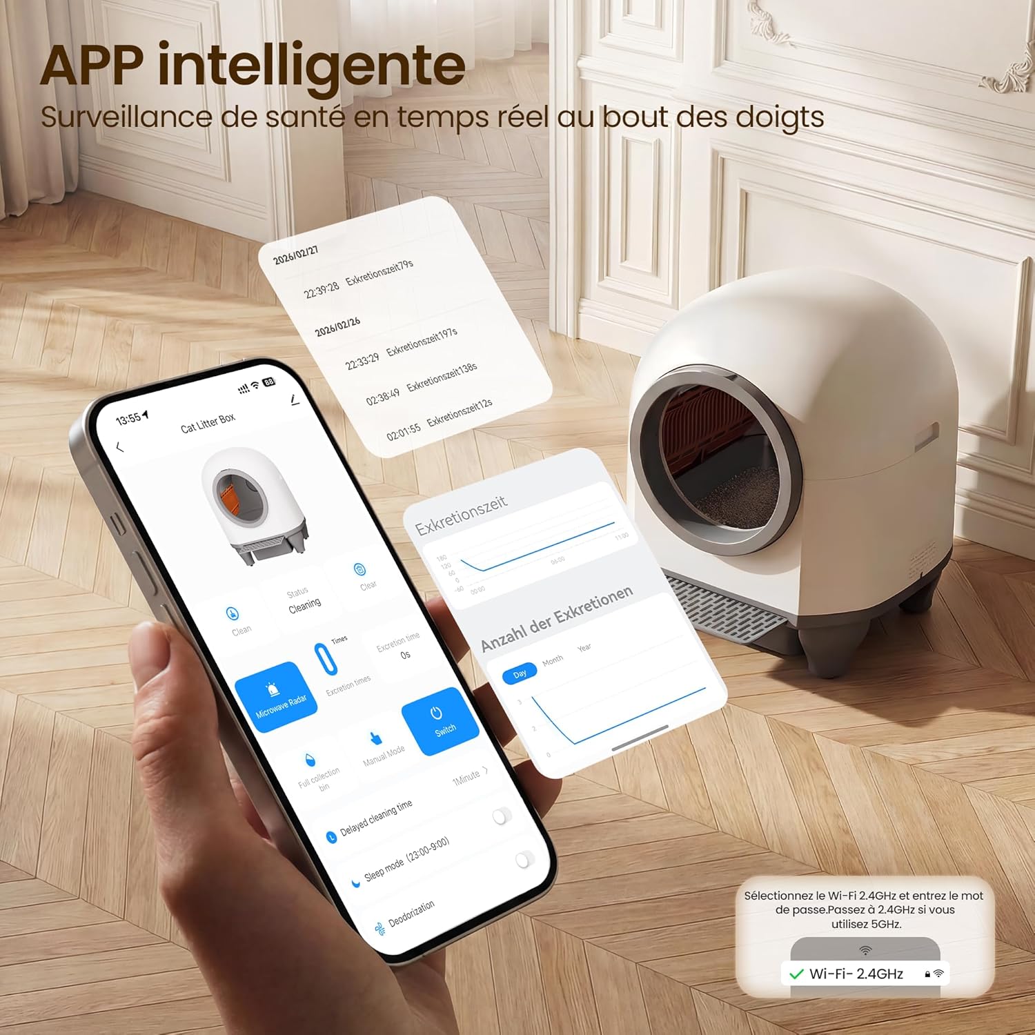 Litière chat autonettoyante grande capacité 90 L contrôle app 6 capteurs adaptée grands chats jusqu’à 10 kg