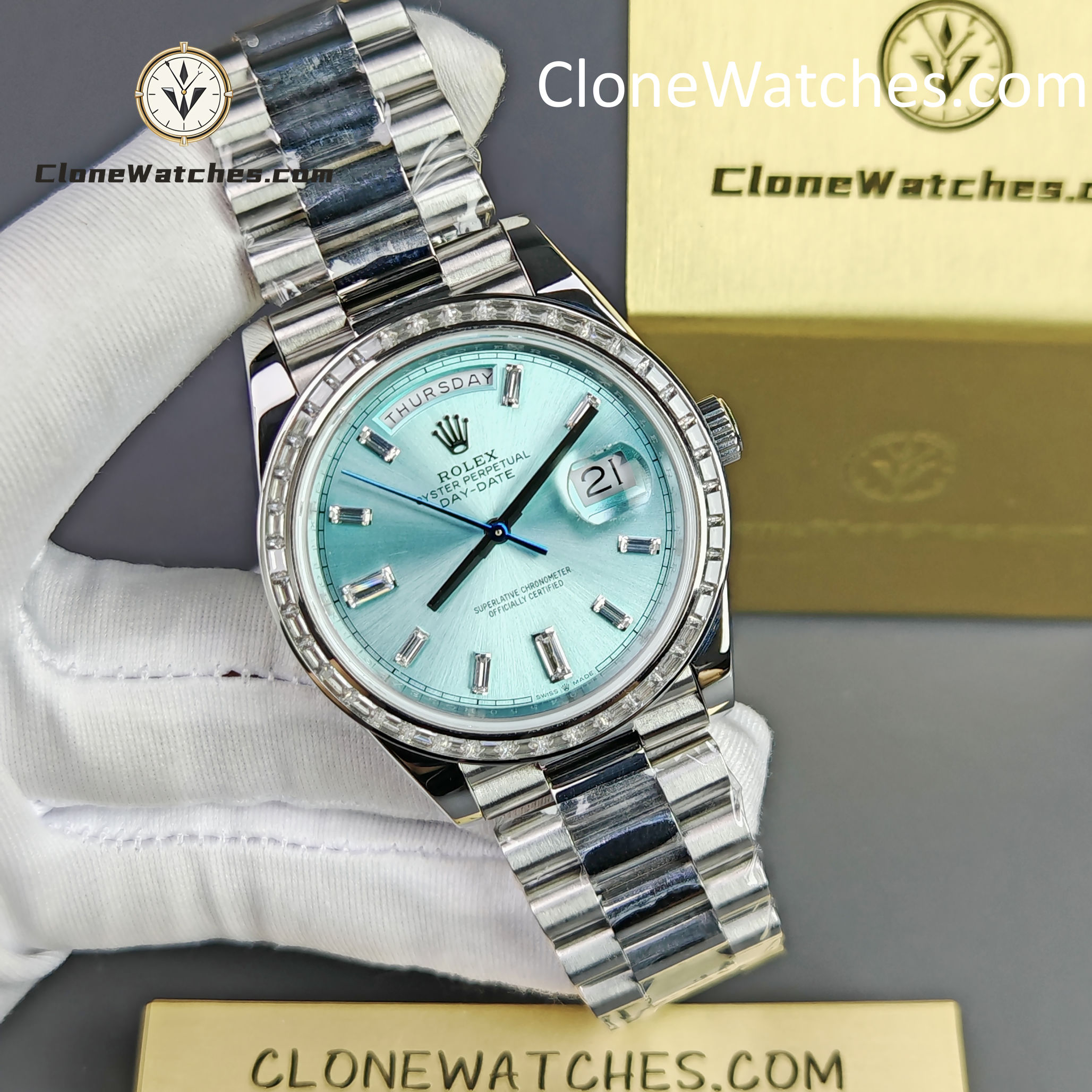 Rolex Super Clone Watches 1:1 Day Date Ice Blue Diamond Bezel Dial 40mm 228396TBR 3255 Movement