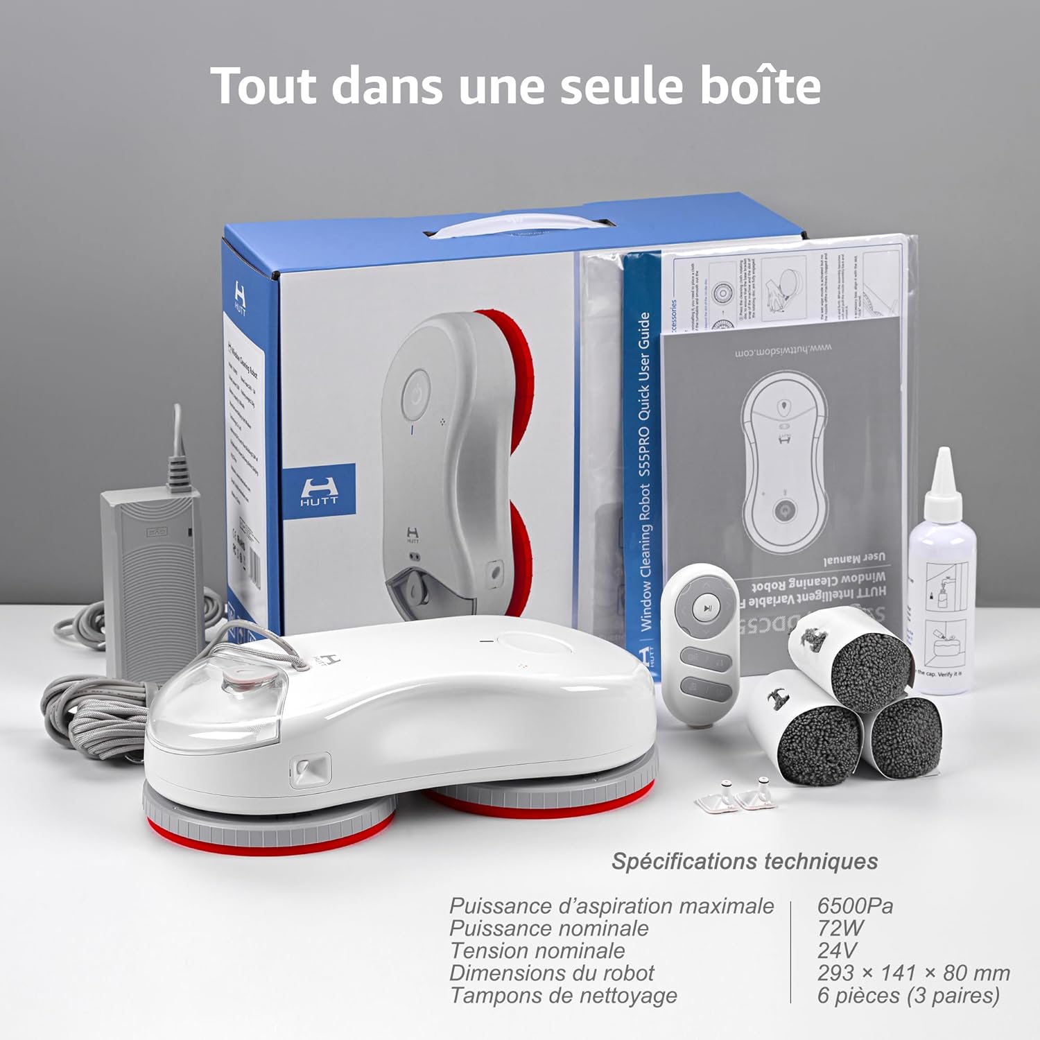 Robot nettoyeur vitres S55 Pro 6500Pa patins 3D flottants HydroJet navigation Slam 40 réservoir 80 ml sécurité multicouche