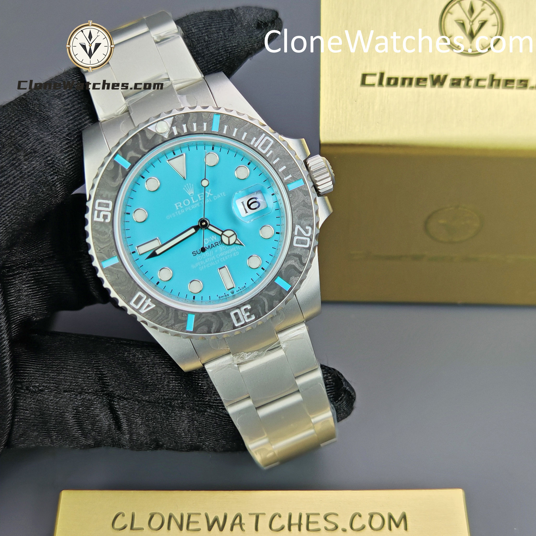 Rolex Super Clone Watches 1:1 DIW Aquamarine Tiffany Blue Dial Submariner Carbon Bezel 3135 Movement