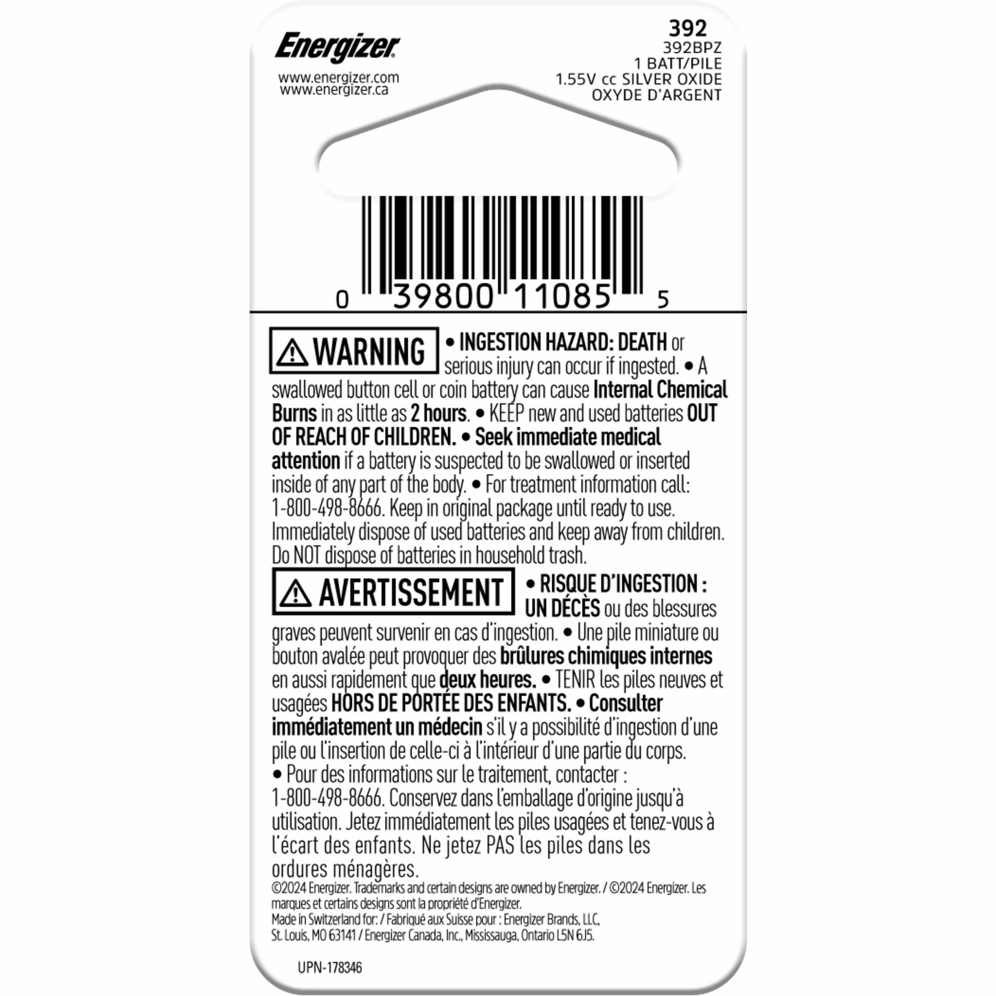 Energizer 392 Silver Oxide Button Battery, 1 Pack, Long-lasting Power