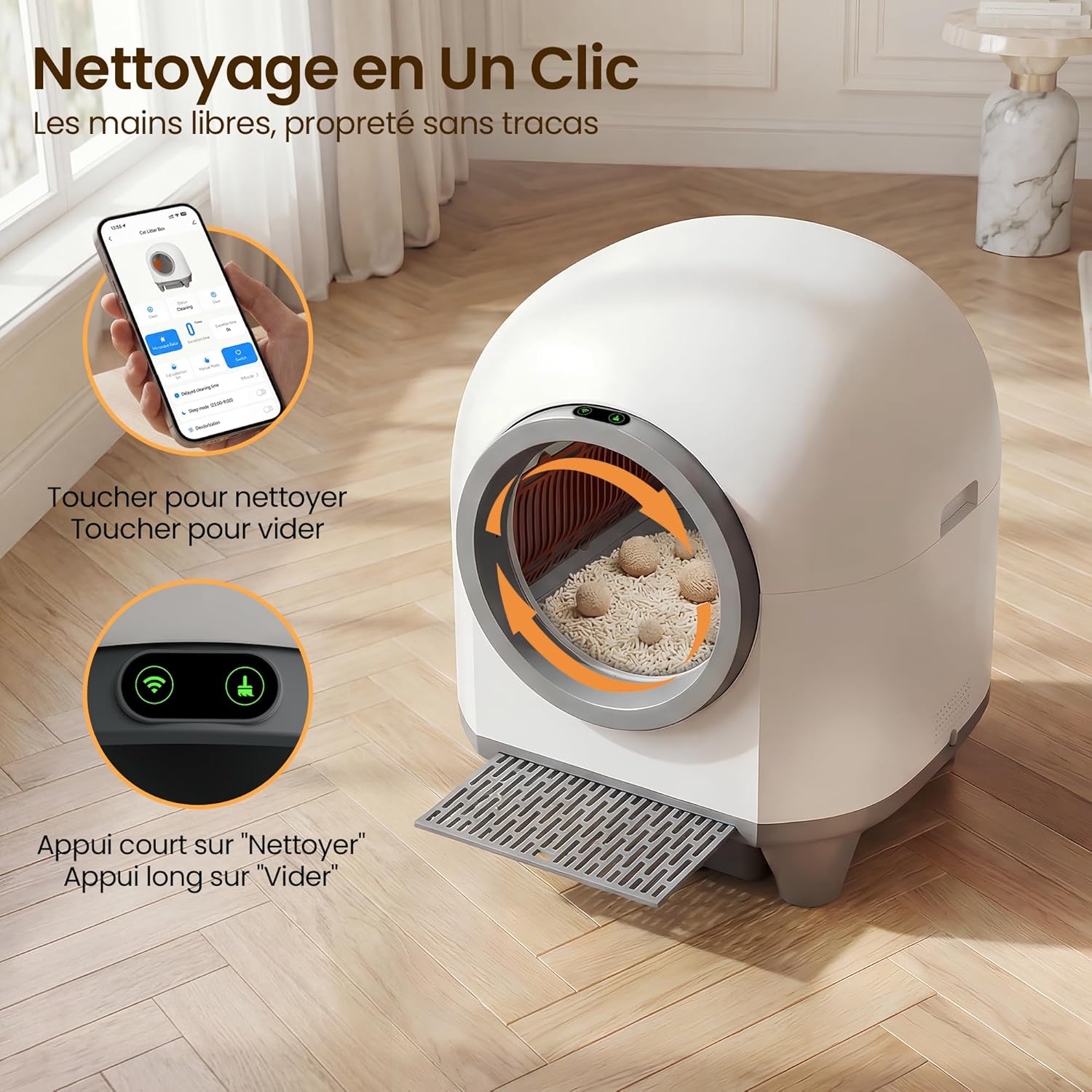 Litière chat autonettoyante grande capacité 90 L contrôle app 6 capteurs adaptée grands chats jusqu’à 10 kg