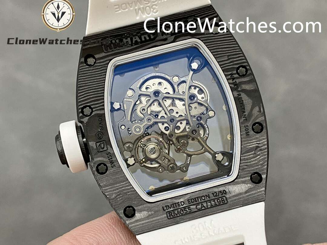Richard Mille Super Clone Watches 1:1 RM 055 Gold Inner Bezel Carbon Tourbillon White Strap