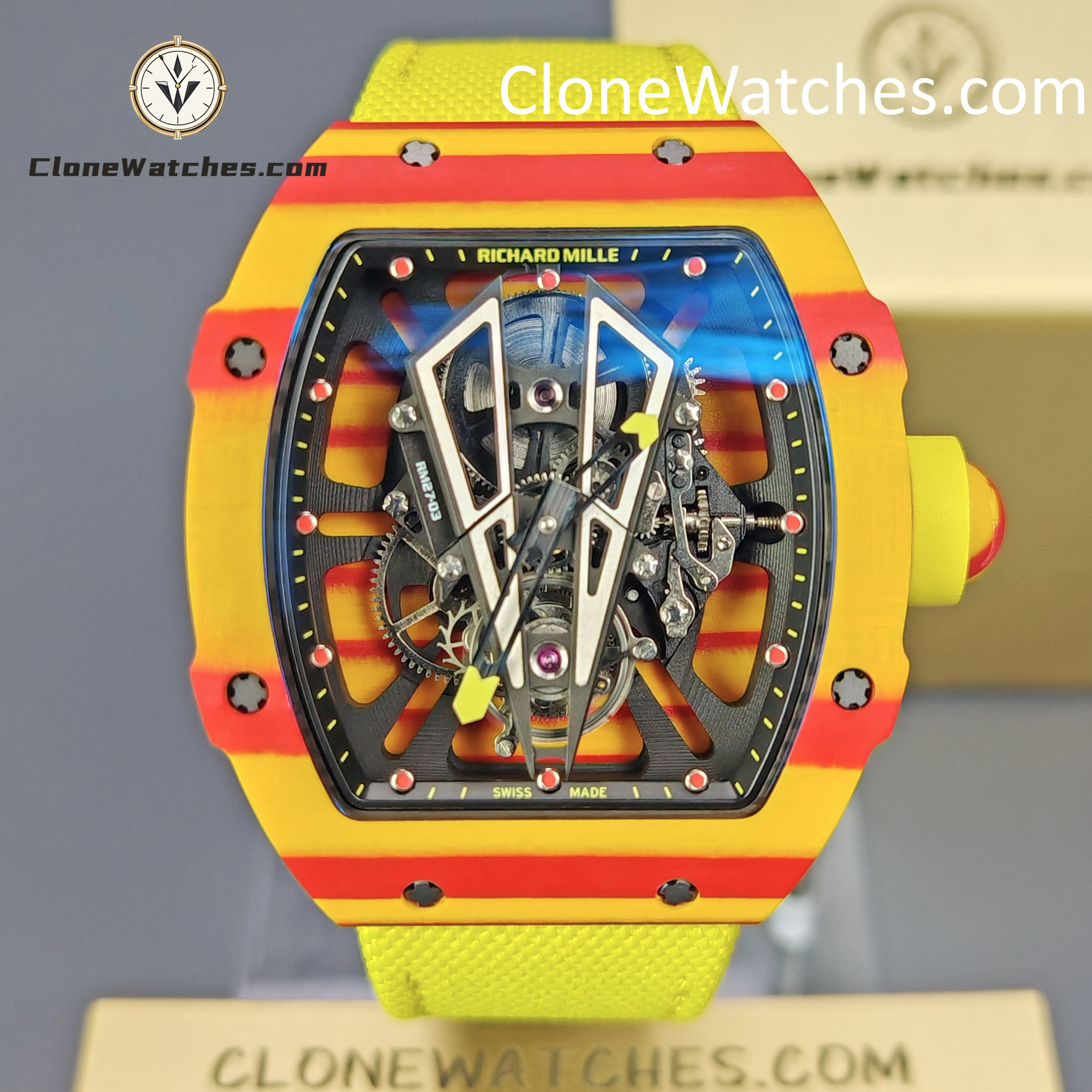 Richard Mille Super Clone Watches 1:1 RM 027 – 03 Tourbillon Rafael Nadal Yellow Strap