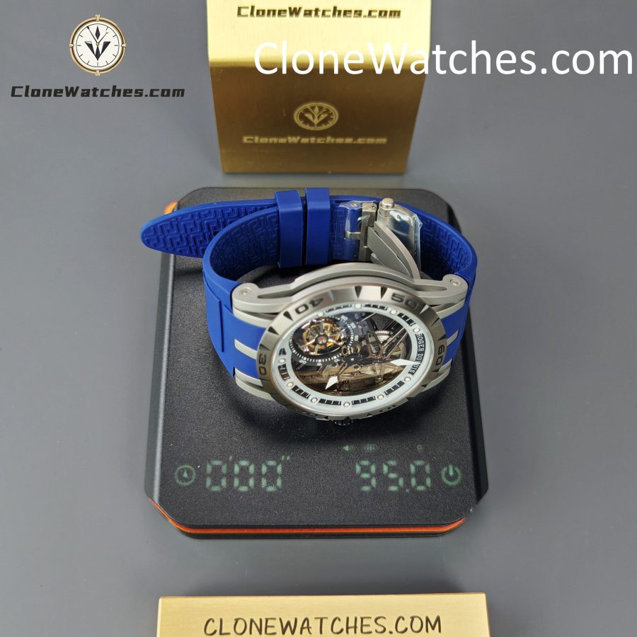 Roger Dubuis Super Clone Watches 1:1 Excalibur Skeleton Tourbillon RDDBEX0479 45MM Blue Strap