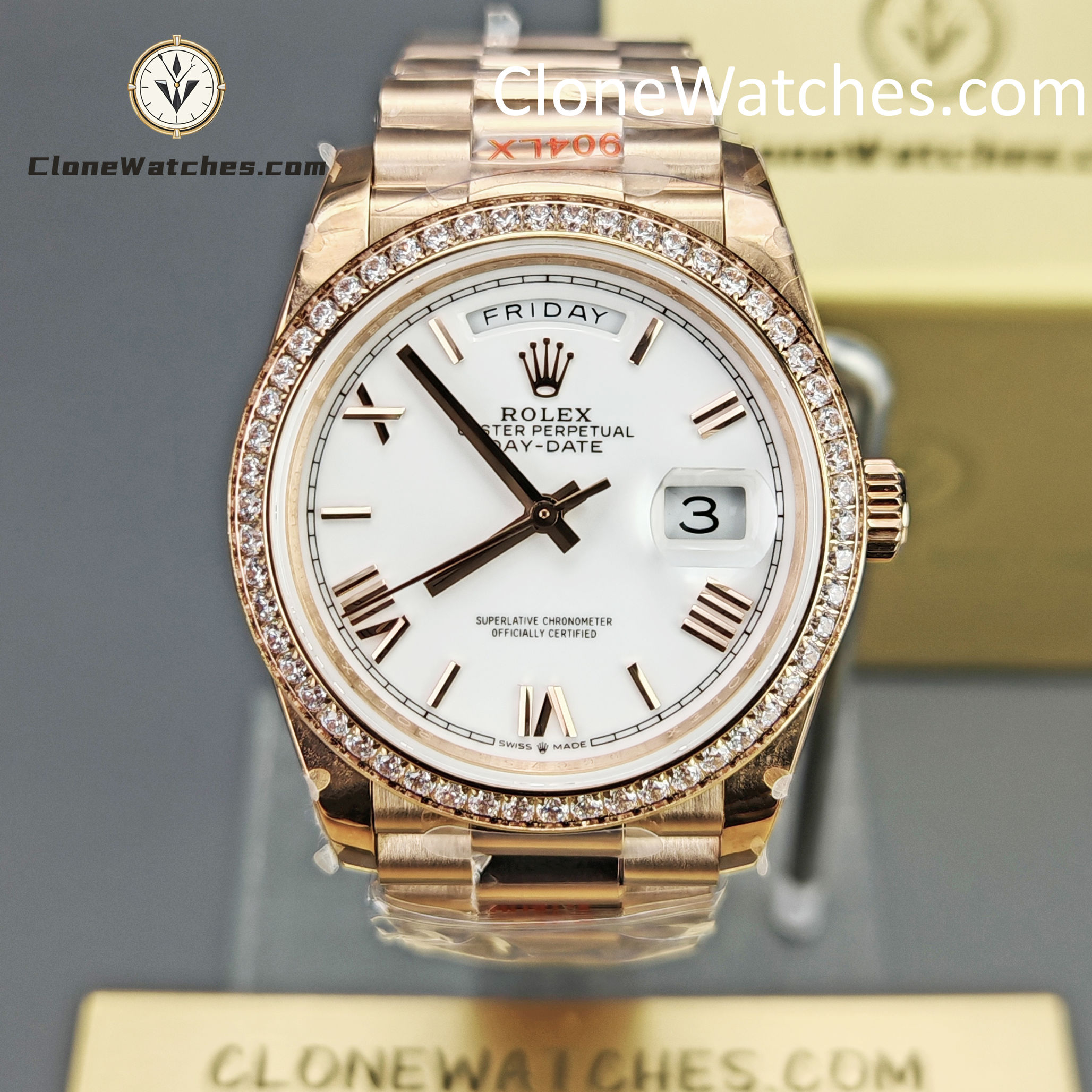 Rolex Super Clone Watches 1:1 Day Date 18K Rose Gold Roman Dial 36mm m128345rbr-0070 3255 Movement