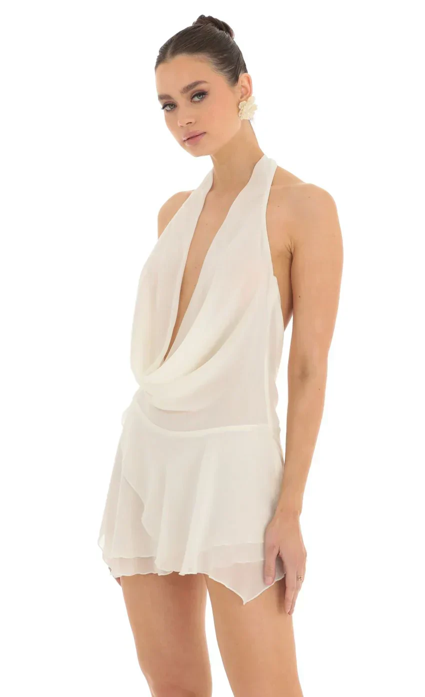Draped Plunge Neck Dress in White